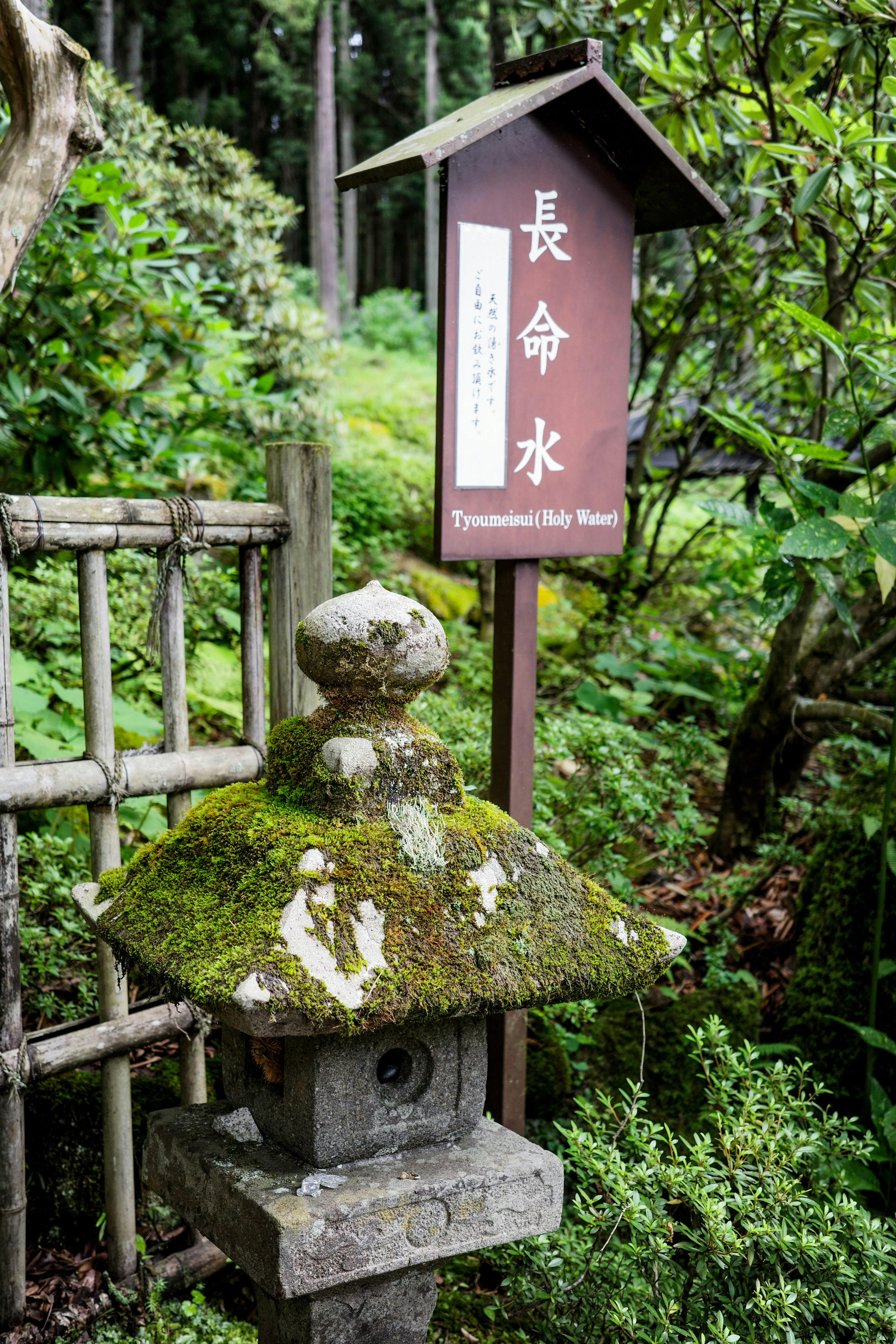 A serene garden scene featuring a moss-covered stone lantern and a sign for Chomeisui