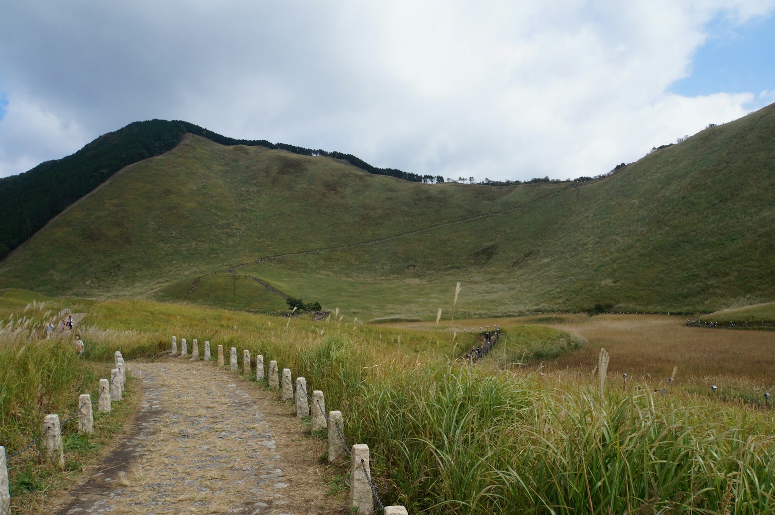 風景如畫的綠色山丘和藍天下的石頭小路