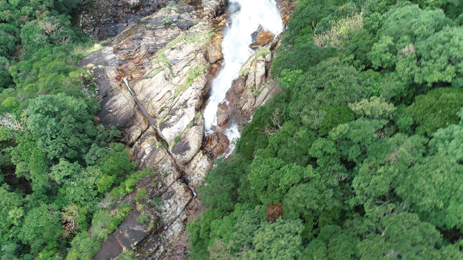Luftaufnahme eines Wasserfalls, der durch einen üppigen grünen Wald stürzt
