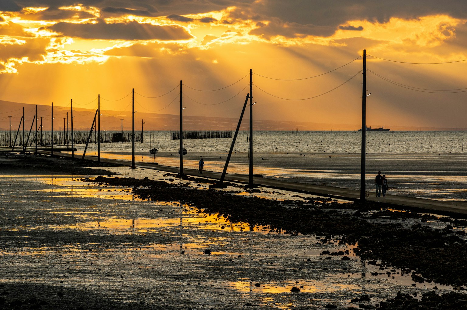 Coastal landscape with tall poles and reflections in the water at sunset