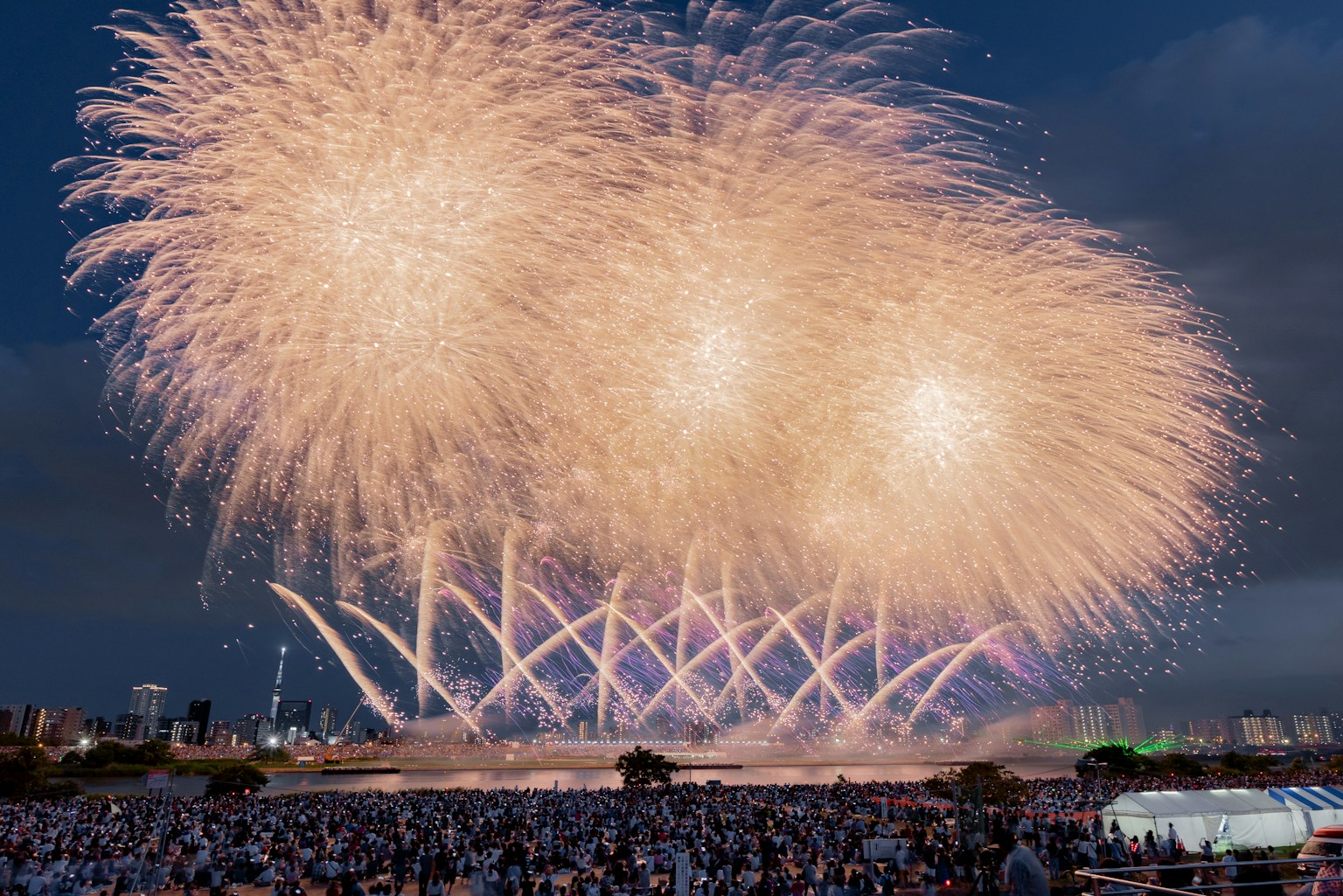 Large fireworks bursting in the night sky with a crowd below