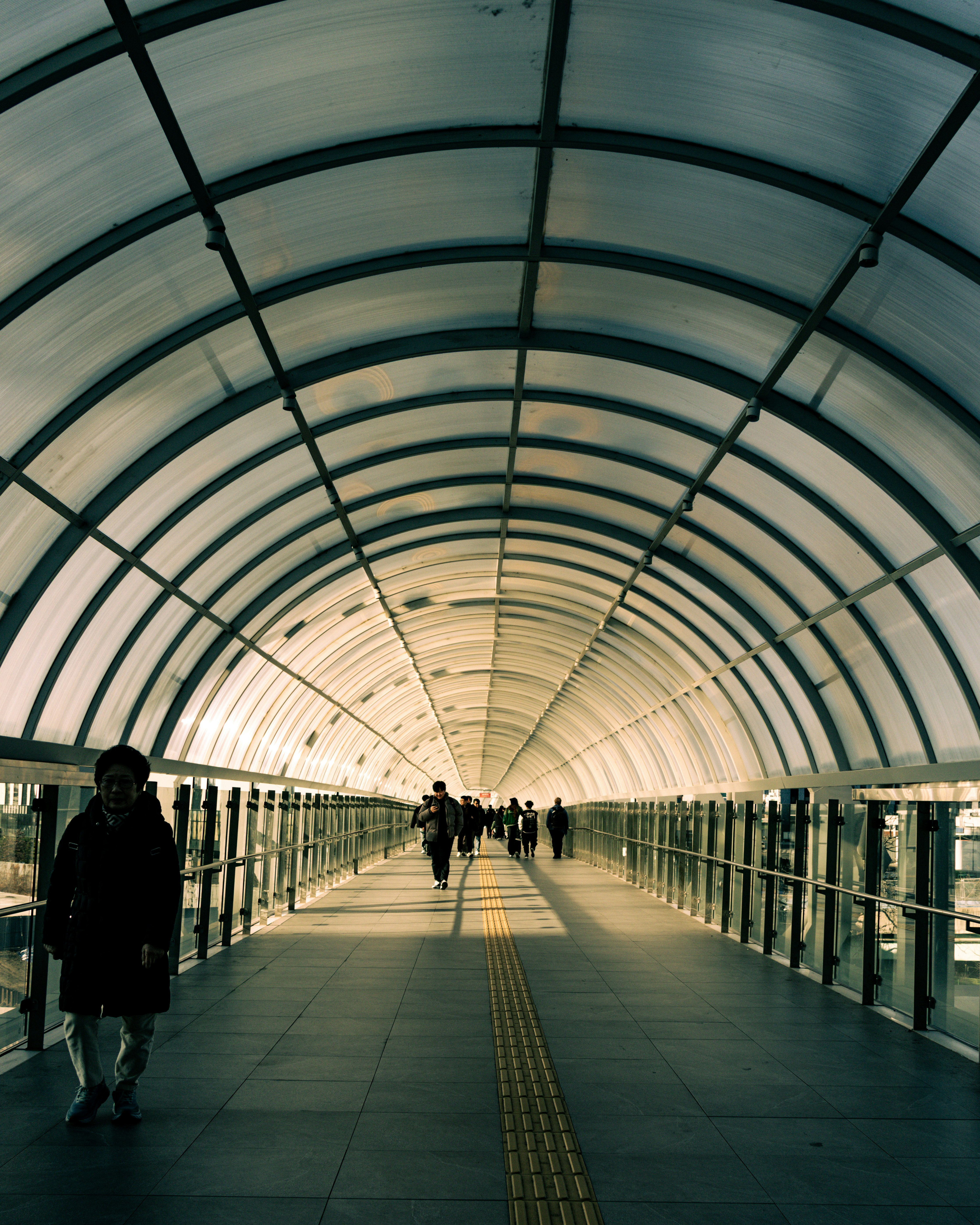 ガラス屋根の長い通路を歩く人々のある駅のアーケード