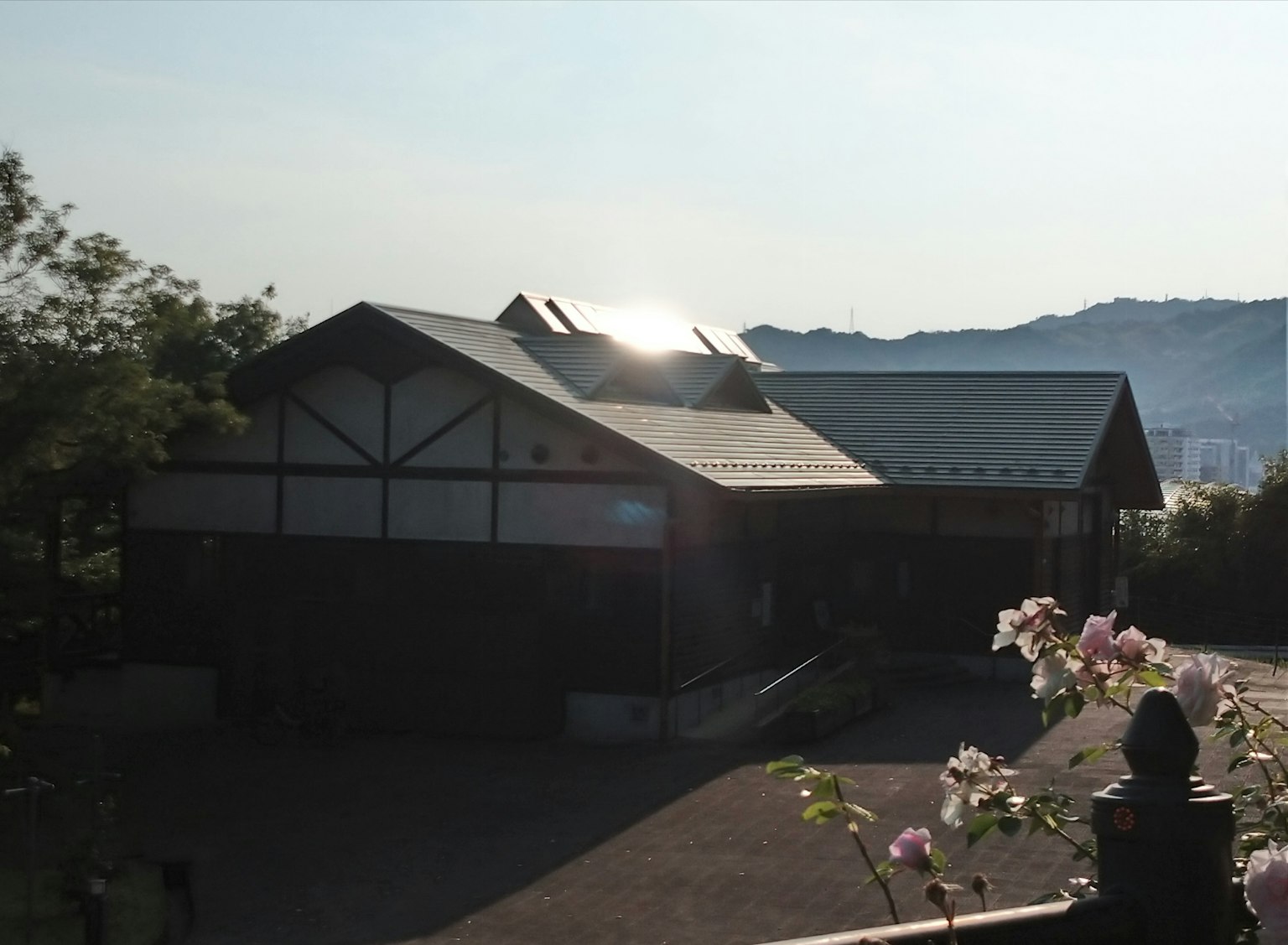 山の背景にある伝統的な建物と花の近景