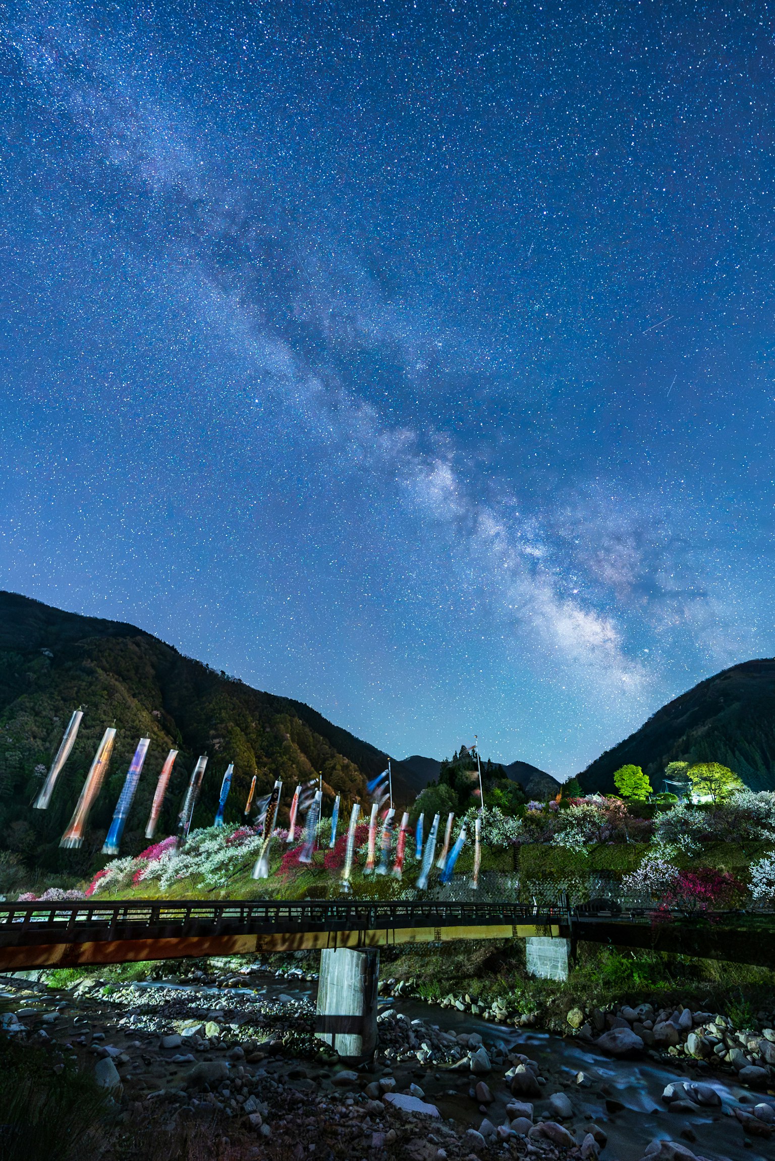 Banderas coloridas bajo un cielo estrellado con montañas al fondo