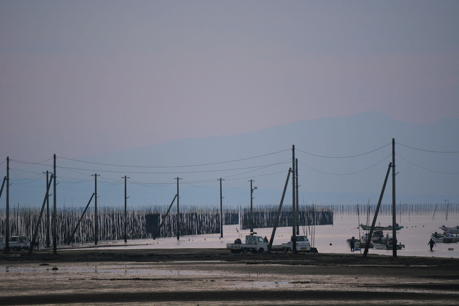 Silhouettes of utility poles and fishing boats against a calm sea landscape