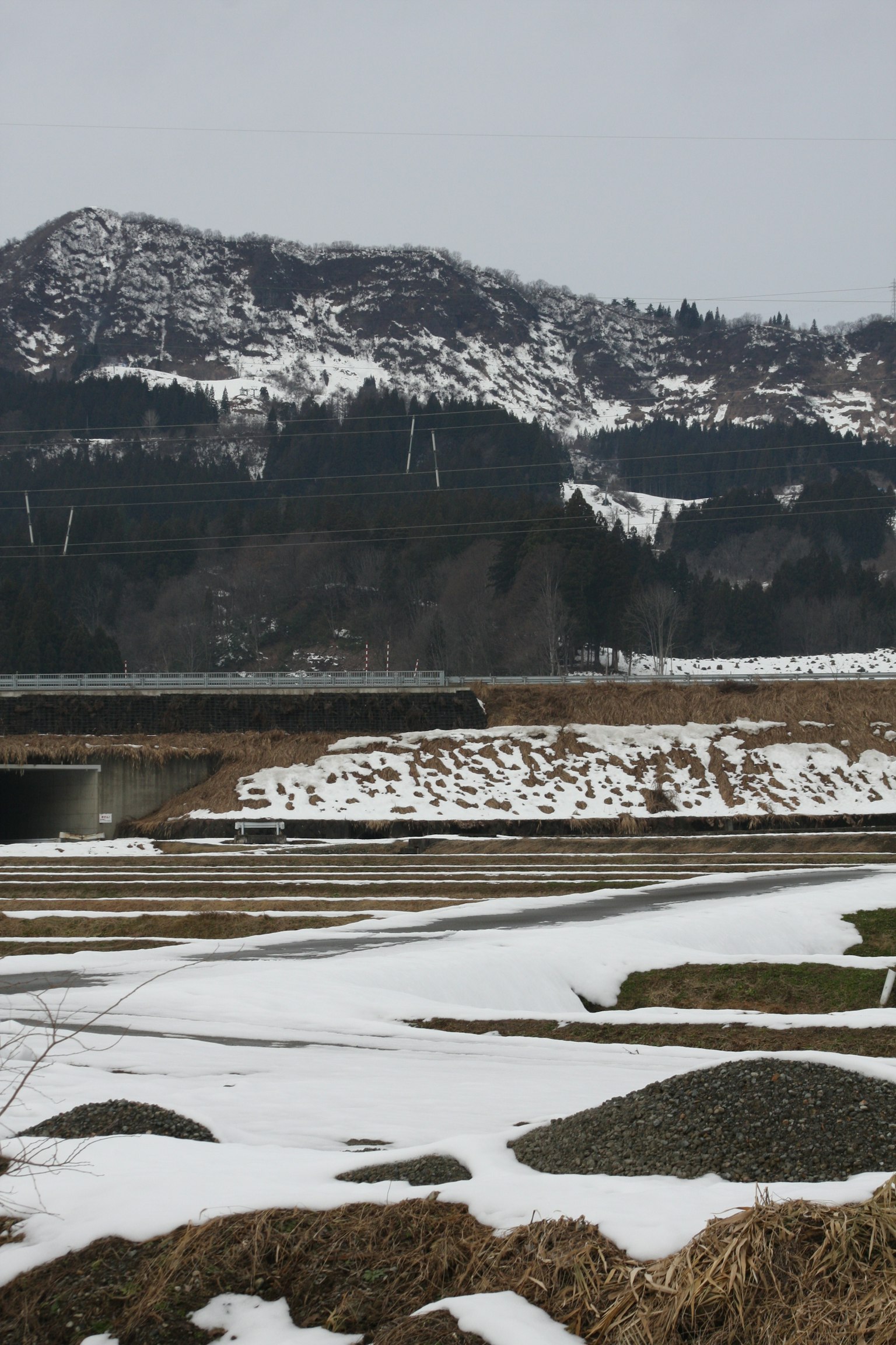 Winter rural landscape featuring snow-covered fields and distant mountains
