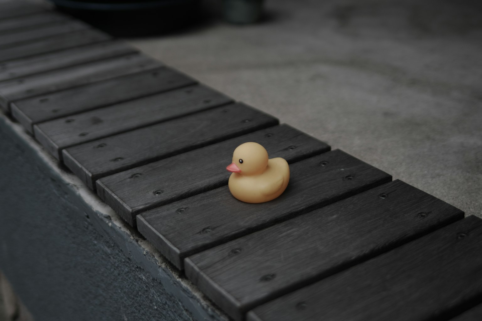 A yellow rubber duck placed on dark wooden planks