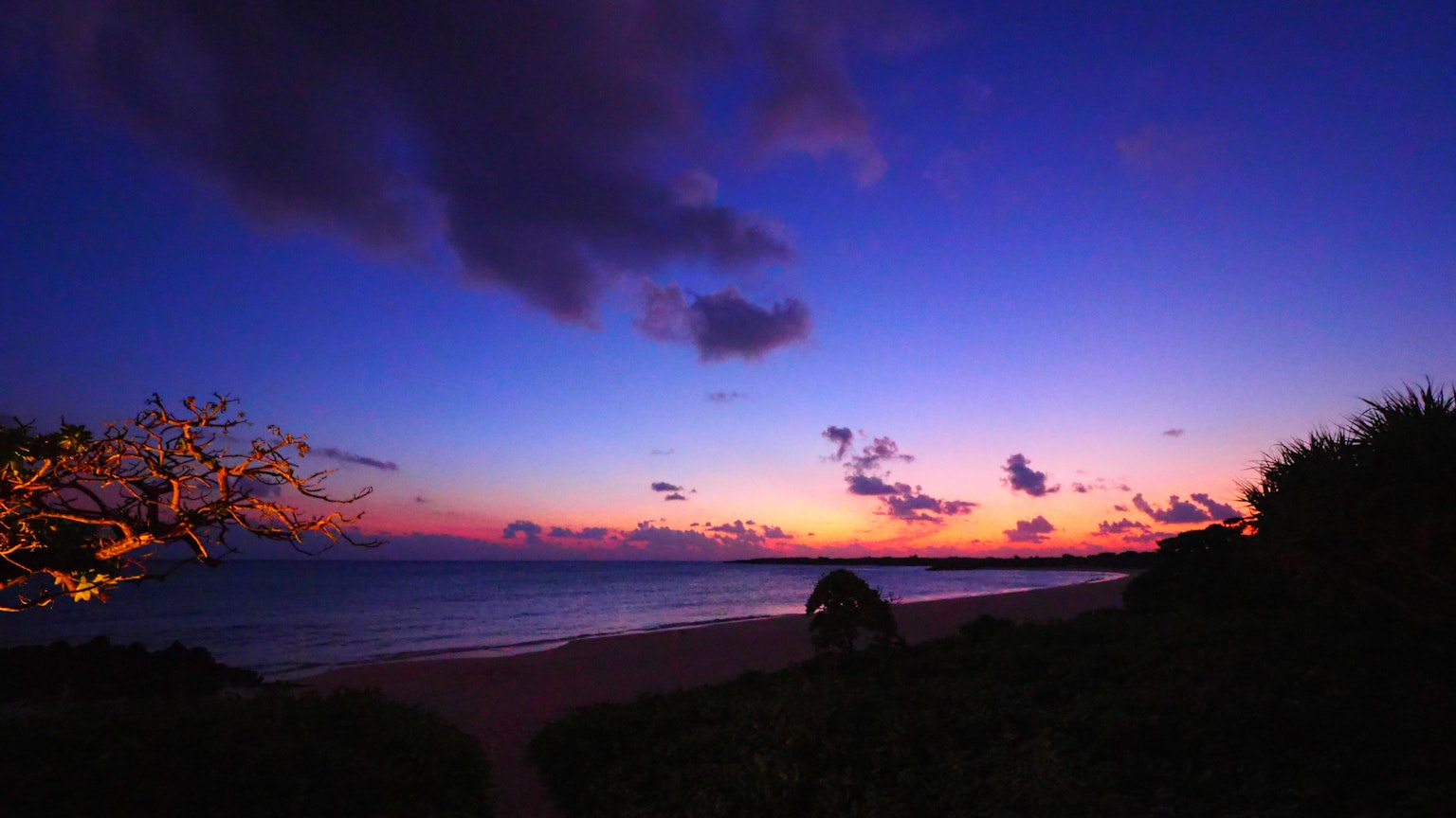 ทิวทัศน์ชายหาดพระอาทิตย์ตกที่สวยงามท้องฟ้าสีม่วงและส้มคลื่นสงบพืชพรรณเขียวขจี