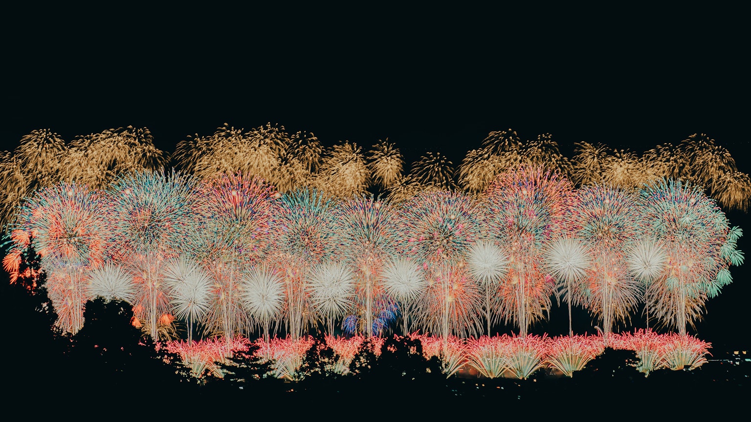 Spettacolo di fuochi d'artificio colorati che illuminano il cielo notturno