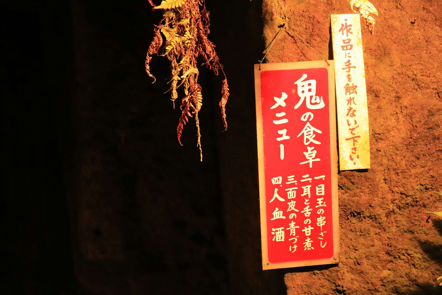 洞穴內的紅色標誌和植物展示，展示鬼的食卓菜單