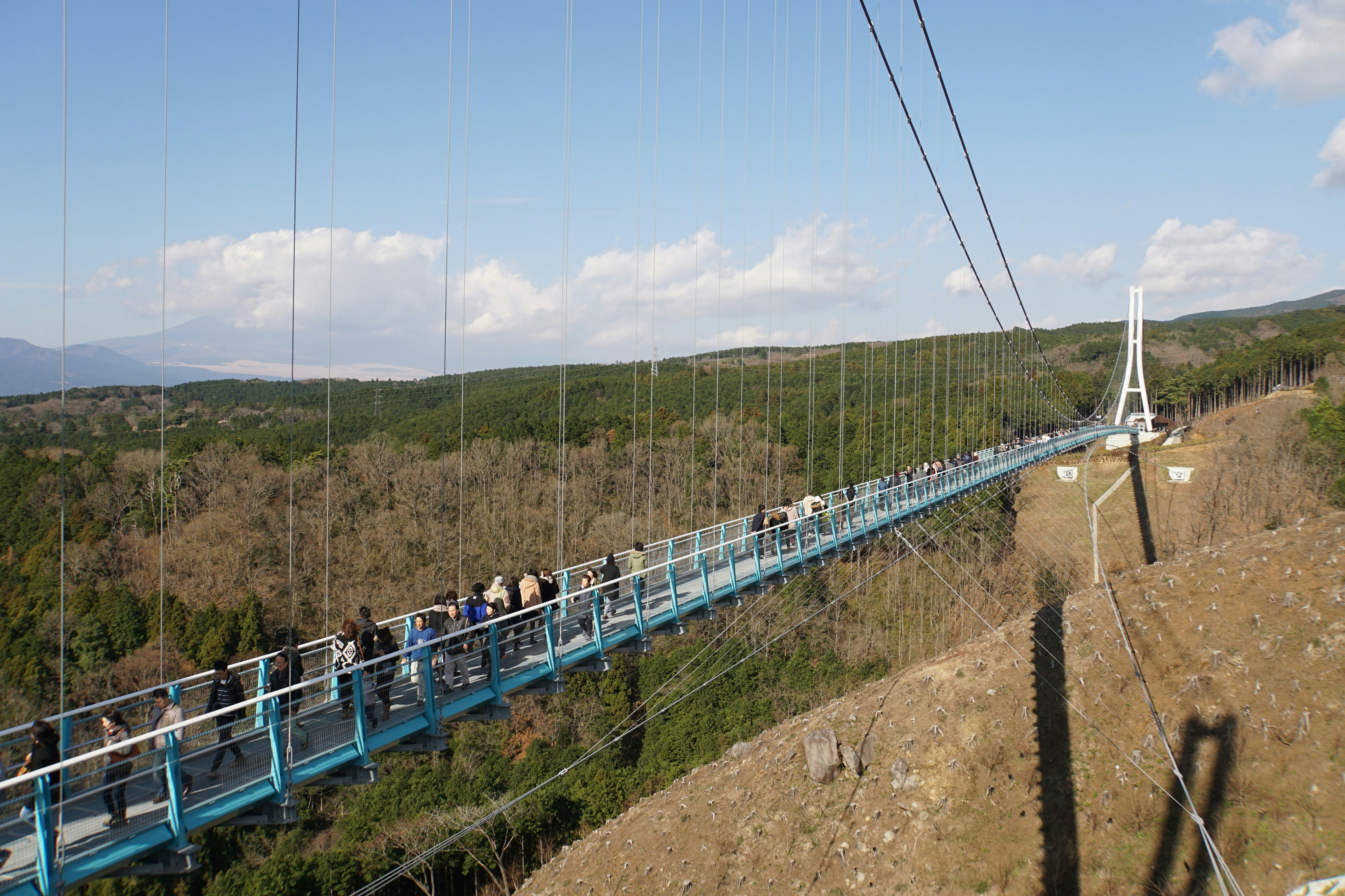 Vista di persone che attraversano un ponte sospeso blu su un pendio
