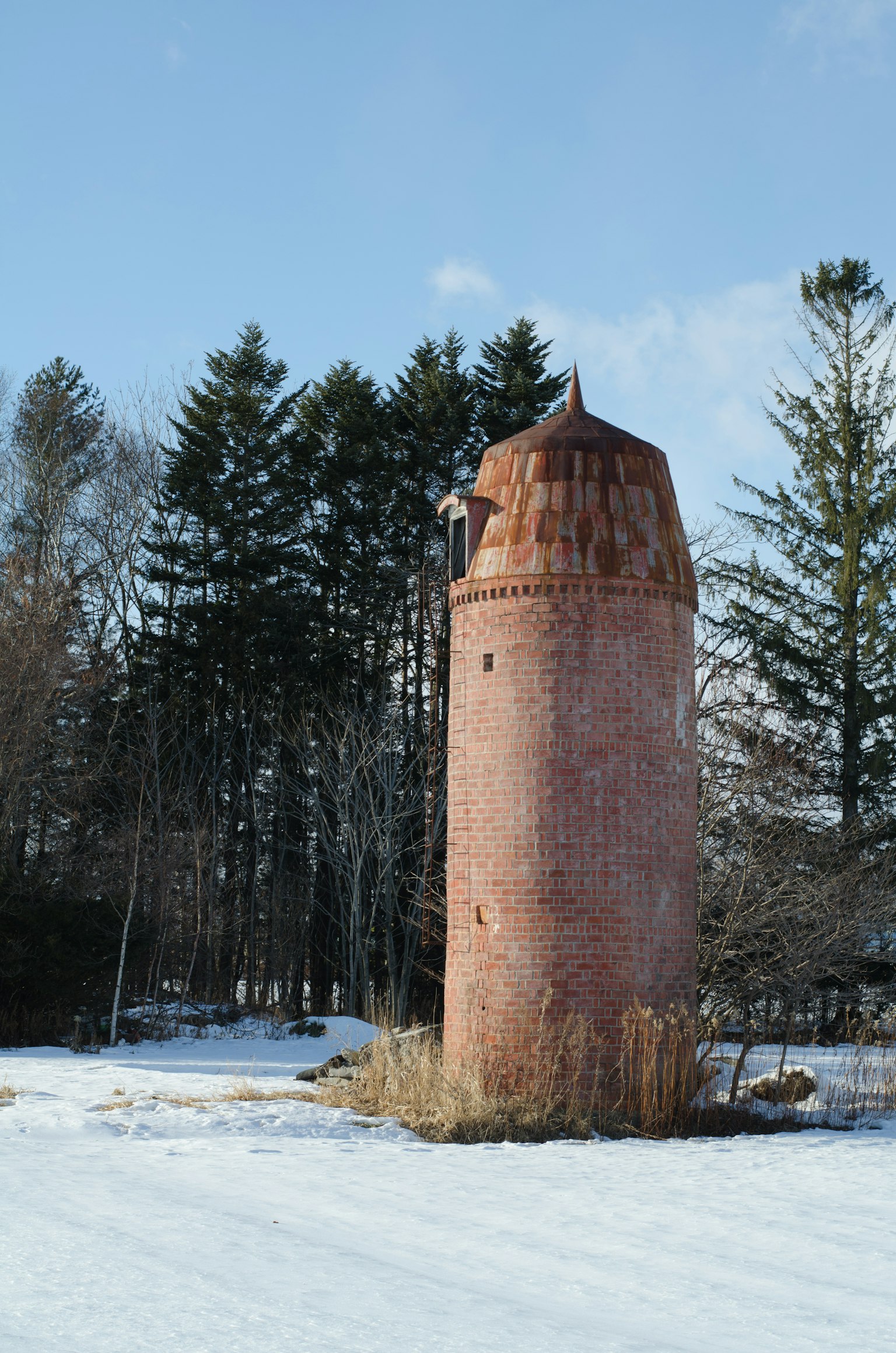 Alte Backsteinturm in einer verschneiten Landschaft Einzigartiges kuppelförmiges Dach umgeben von Bäumen