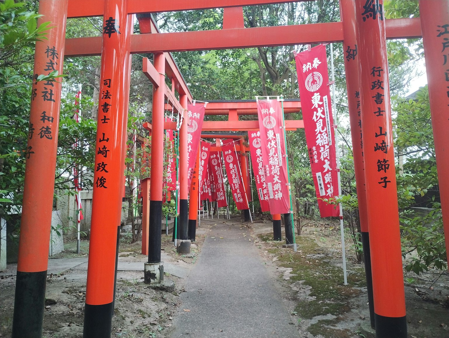 Sentiero costeggiato da torii rossi e bandiere appese in un santuario