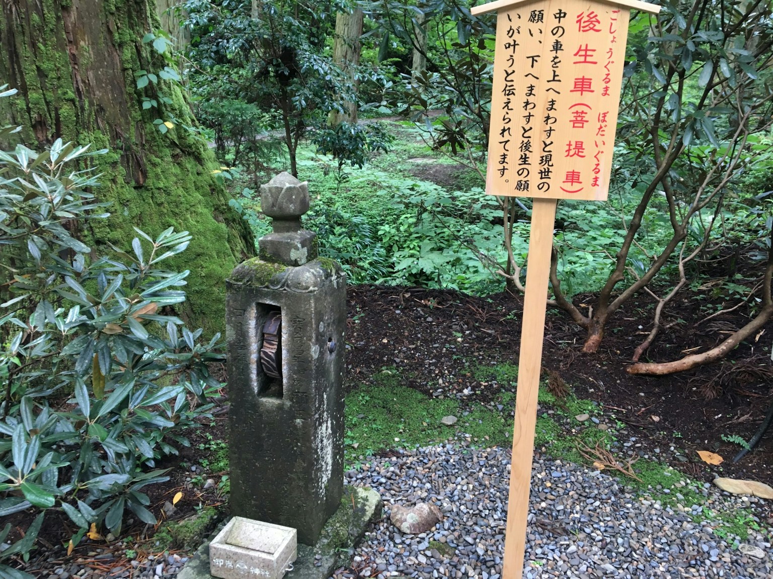 Stone offering platform in a forest with an informational sign