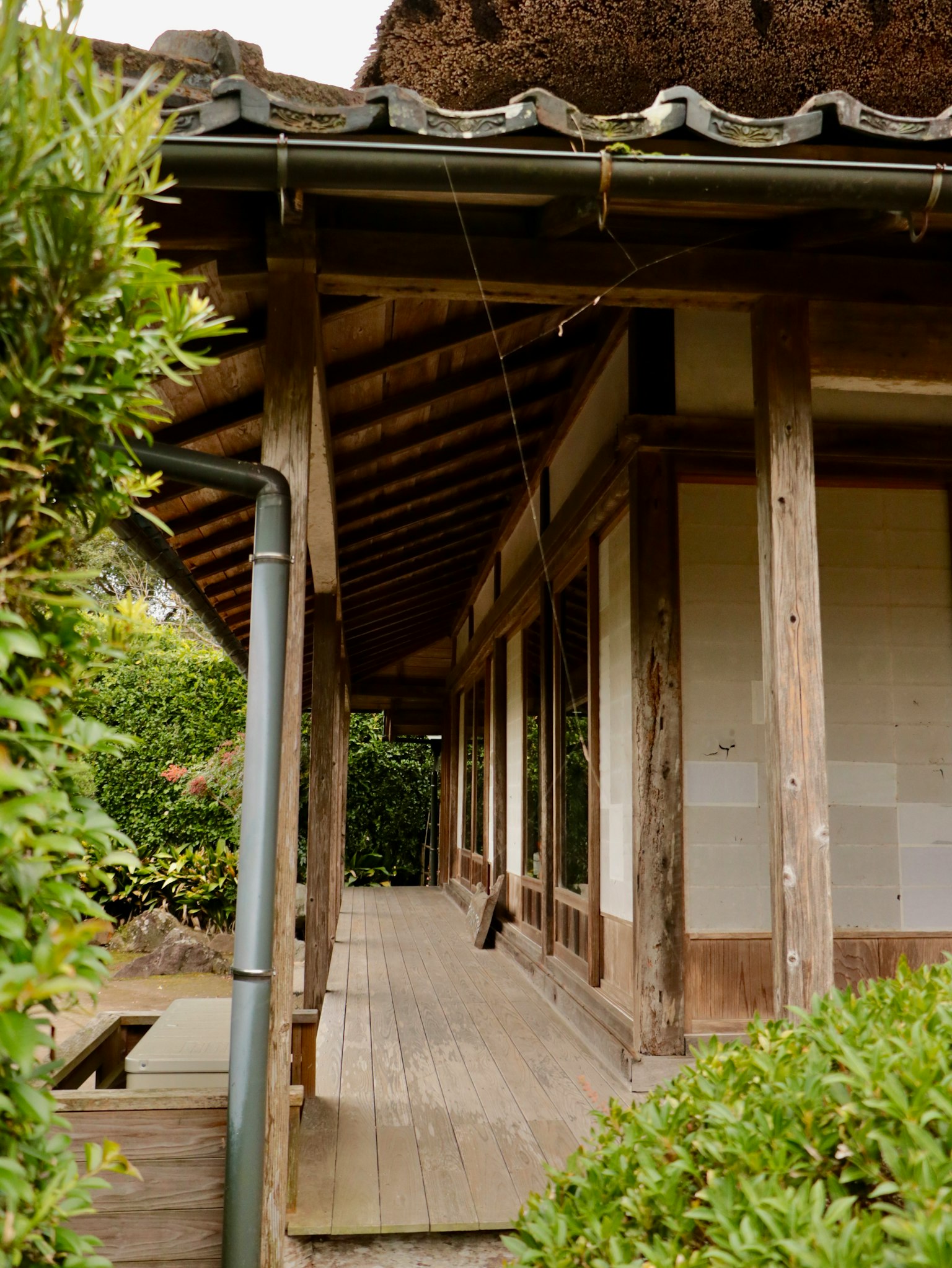 Extérieur d'une maison japonaise traditionnelle entourée de verdure avec une terrasse en bois