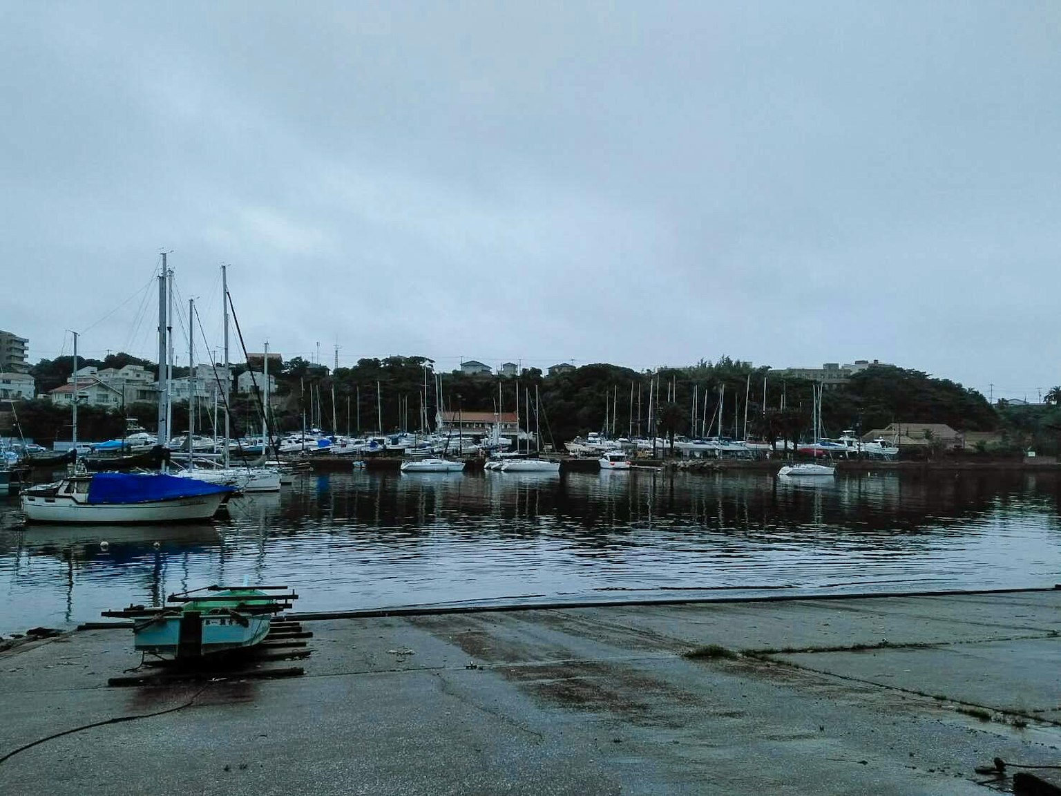 A tranquil harbor scene featuring moored yachts and boats
