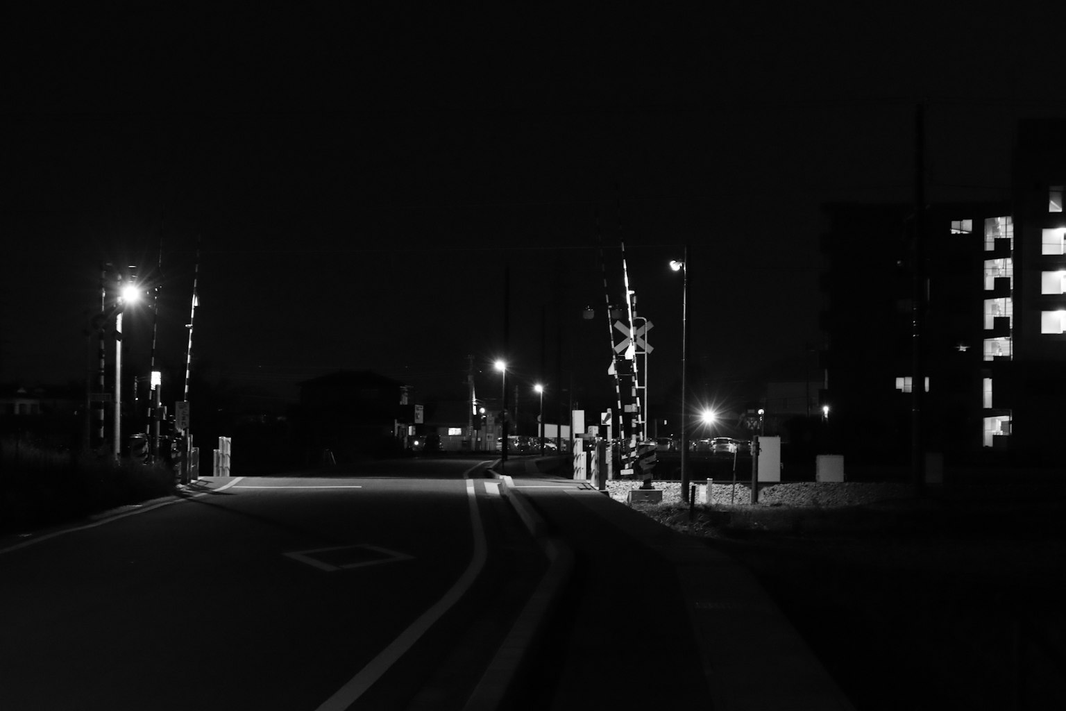 夜晚街道视图，带有交通信号灯和路灯