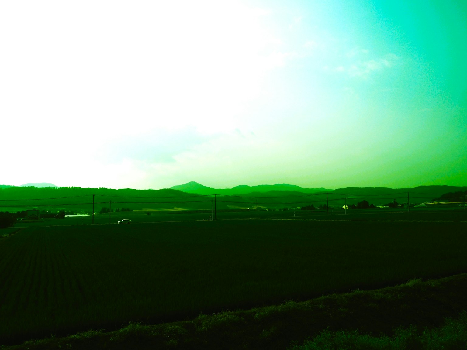Landschaft mit grünen Farbtönen und fernen Bergen