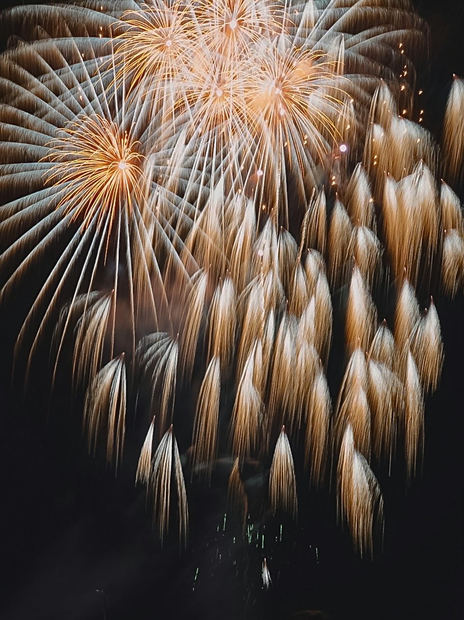Brilliant fireworks display illuminating the night sky with intricate patterns
