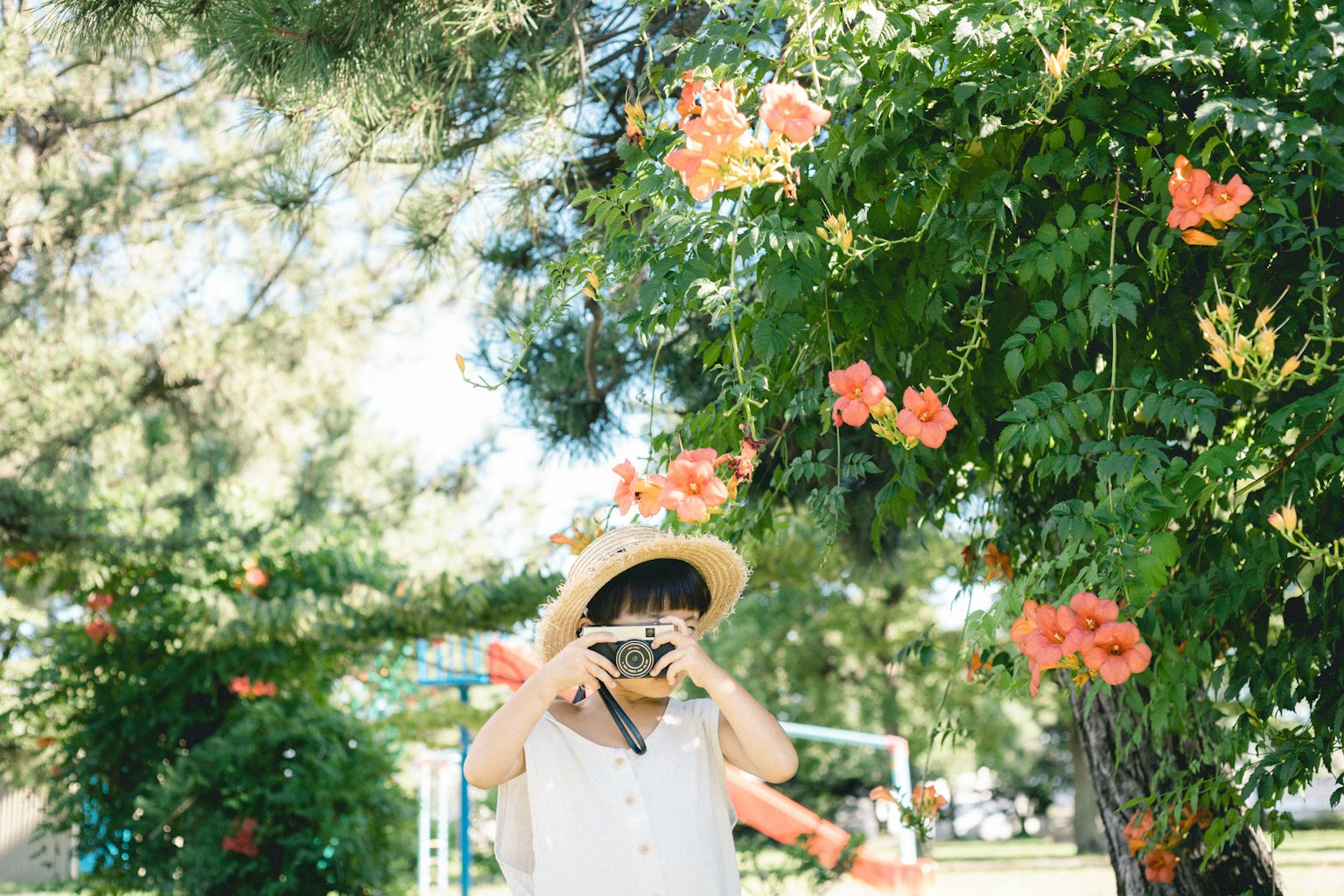 在花丛中拿着乐器的女人