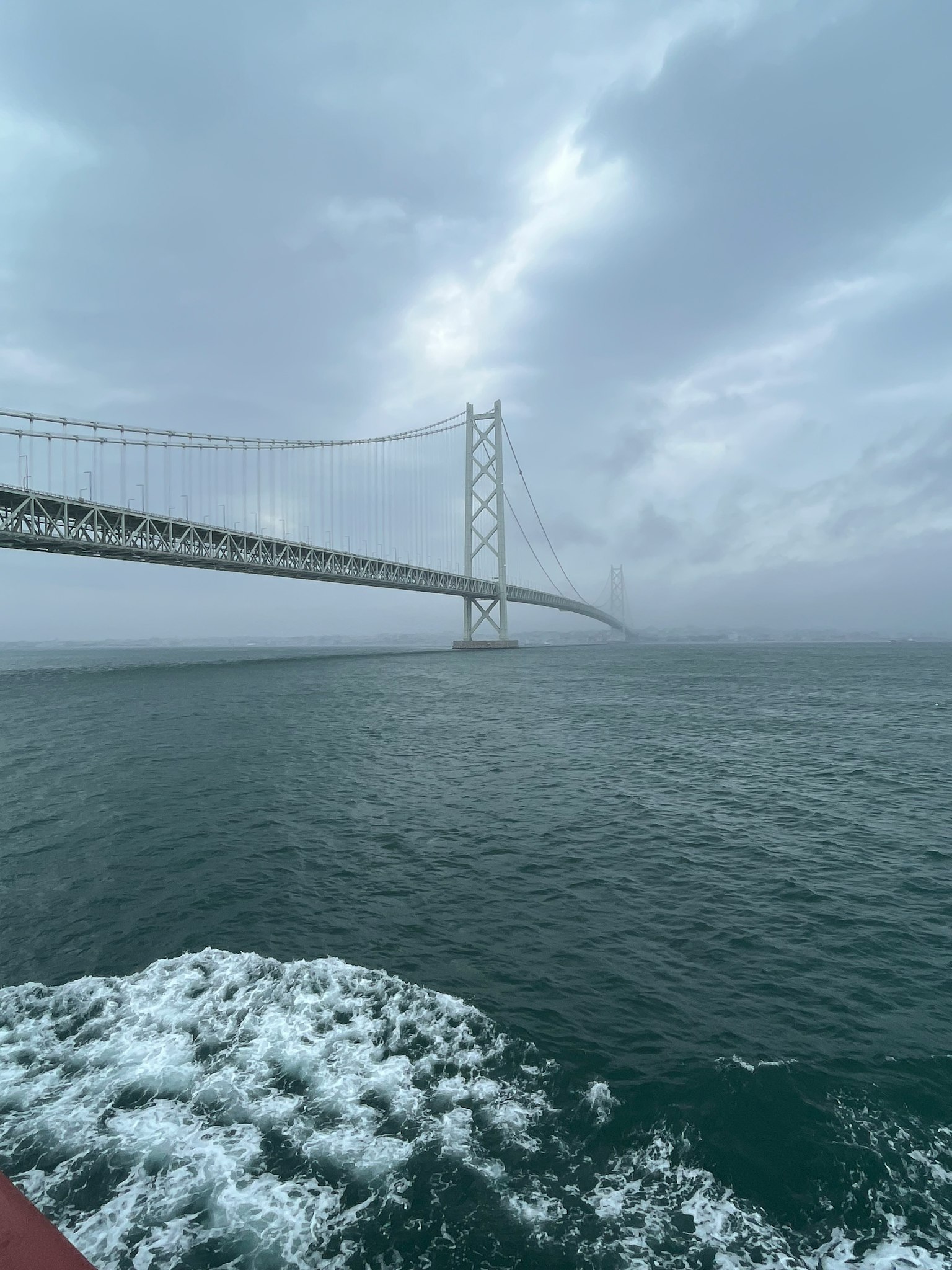 Ponte che emerge dalla nebbia su acque agitate