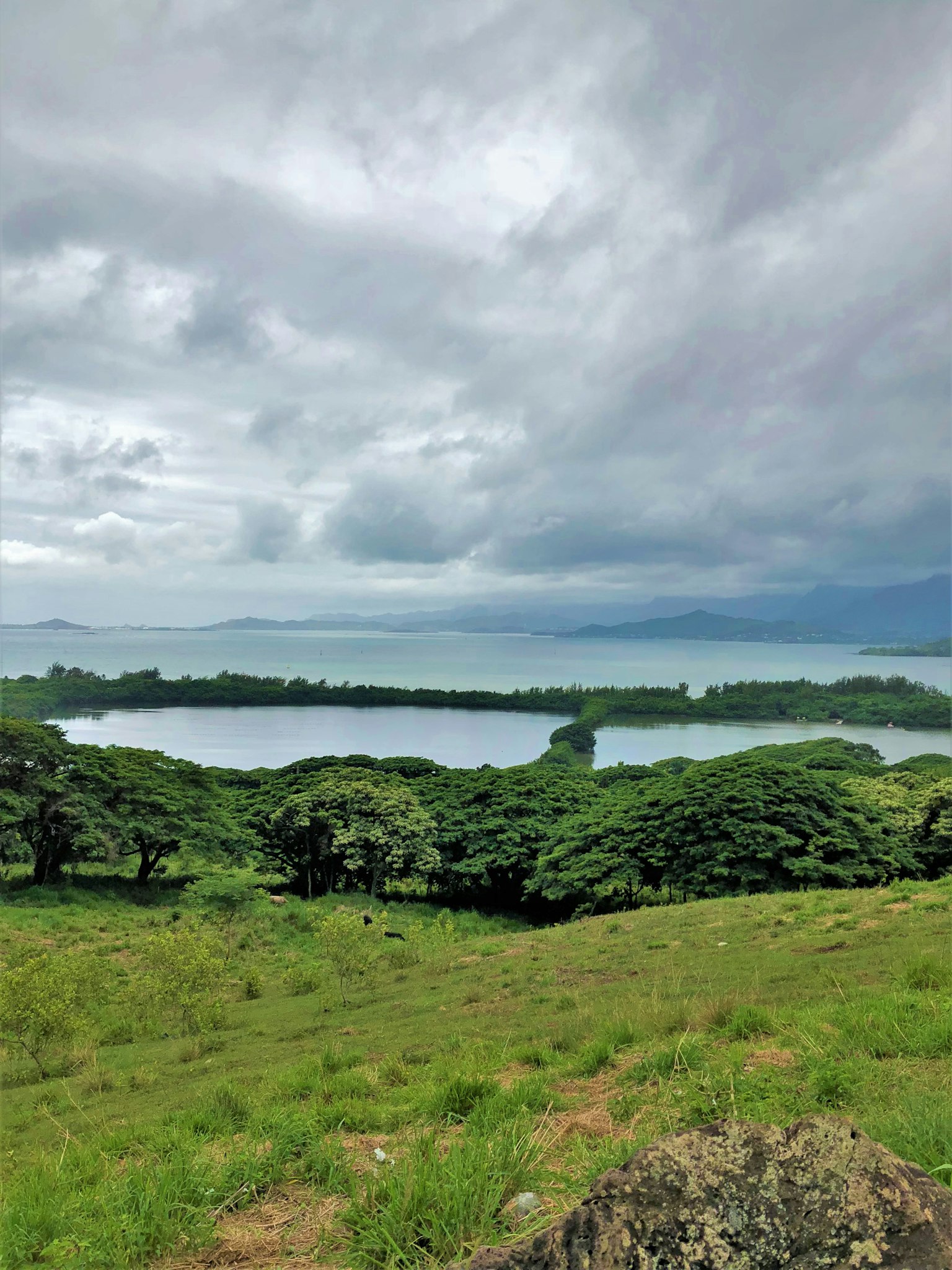 Pemandangan danau dan bukit hijau di bawah langit mendung