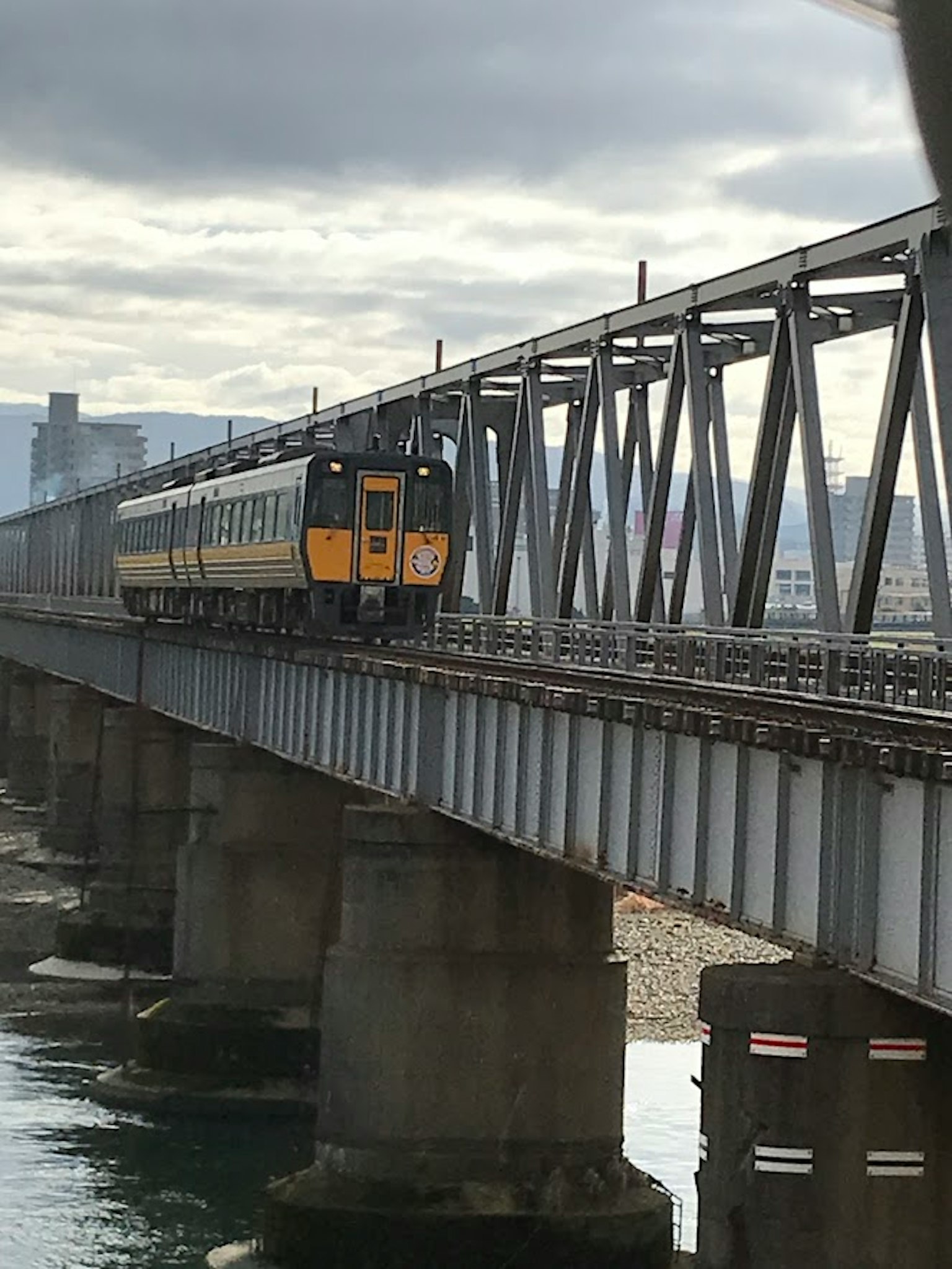 Train traversant un pont en acier au-dessus de l'eau avec un horizon urbain en arrière-plan