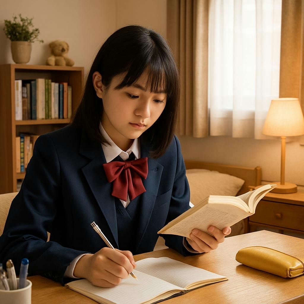 自室で勉強する制服姿の学生