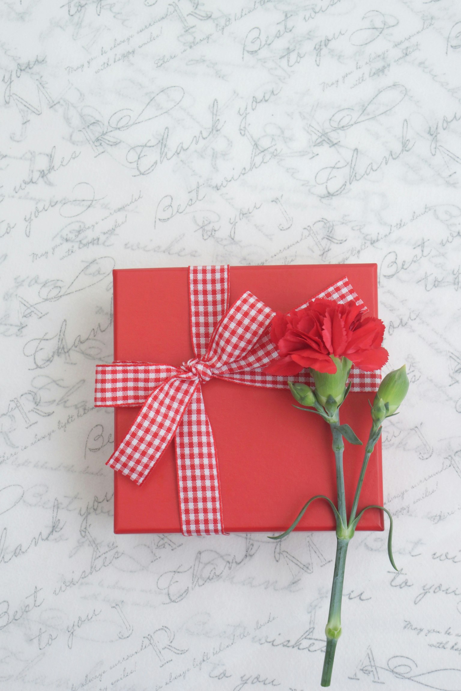 Una scatola regalo rossa con un nastro a quadretti e un garofano rosso accanto