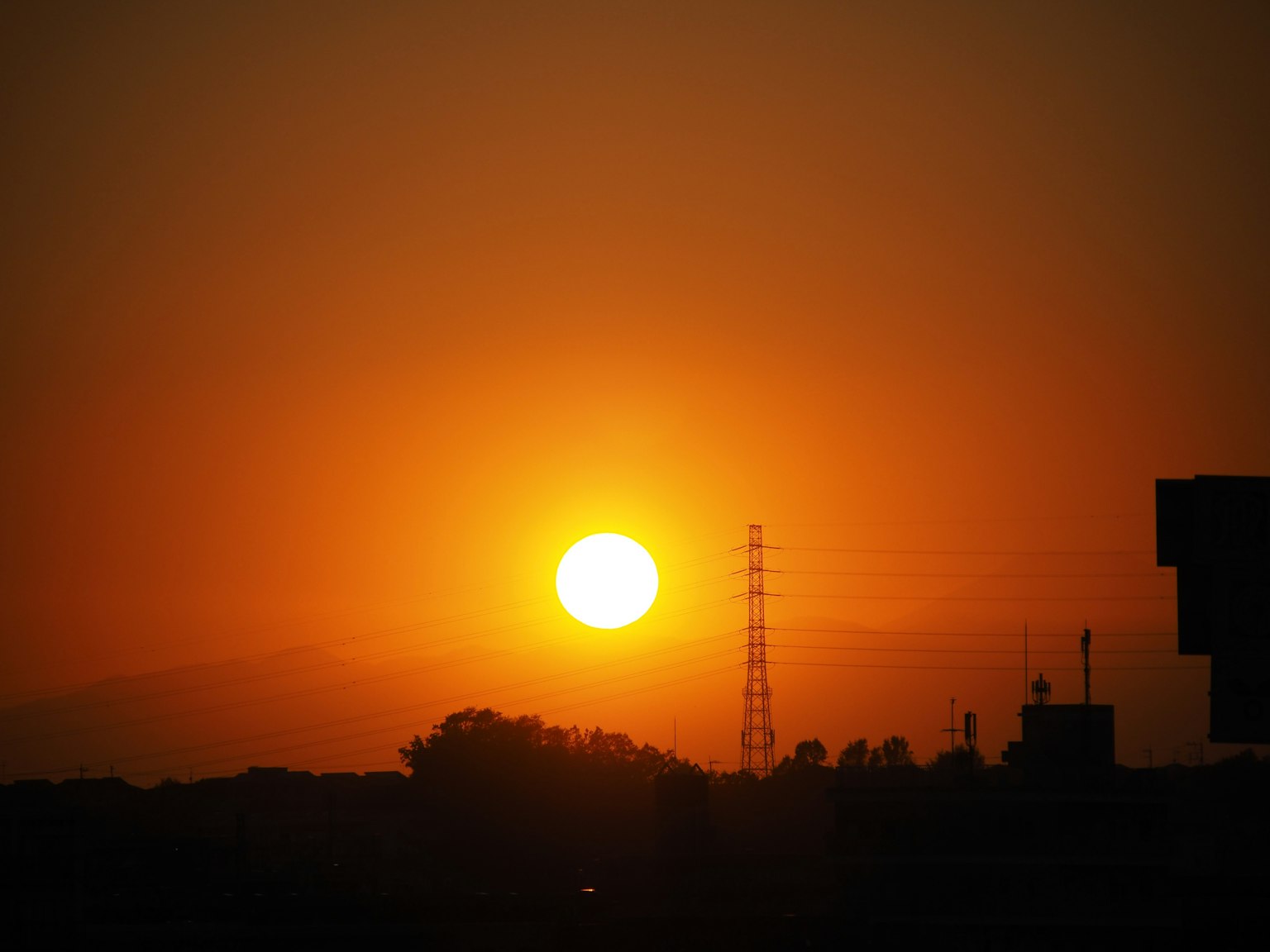 Coucher de soleil orange avec silhouette d'arbres et de bâtiments