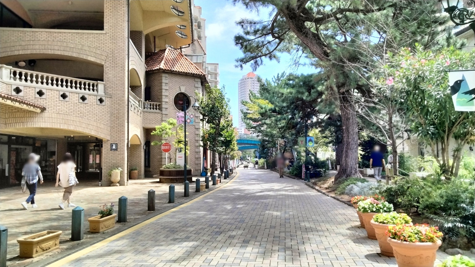 靜謐的街道，兩旁是建築和繁茂的綠色植物