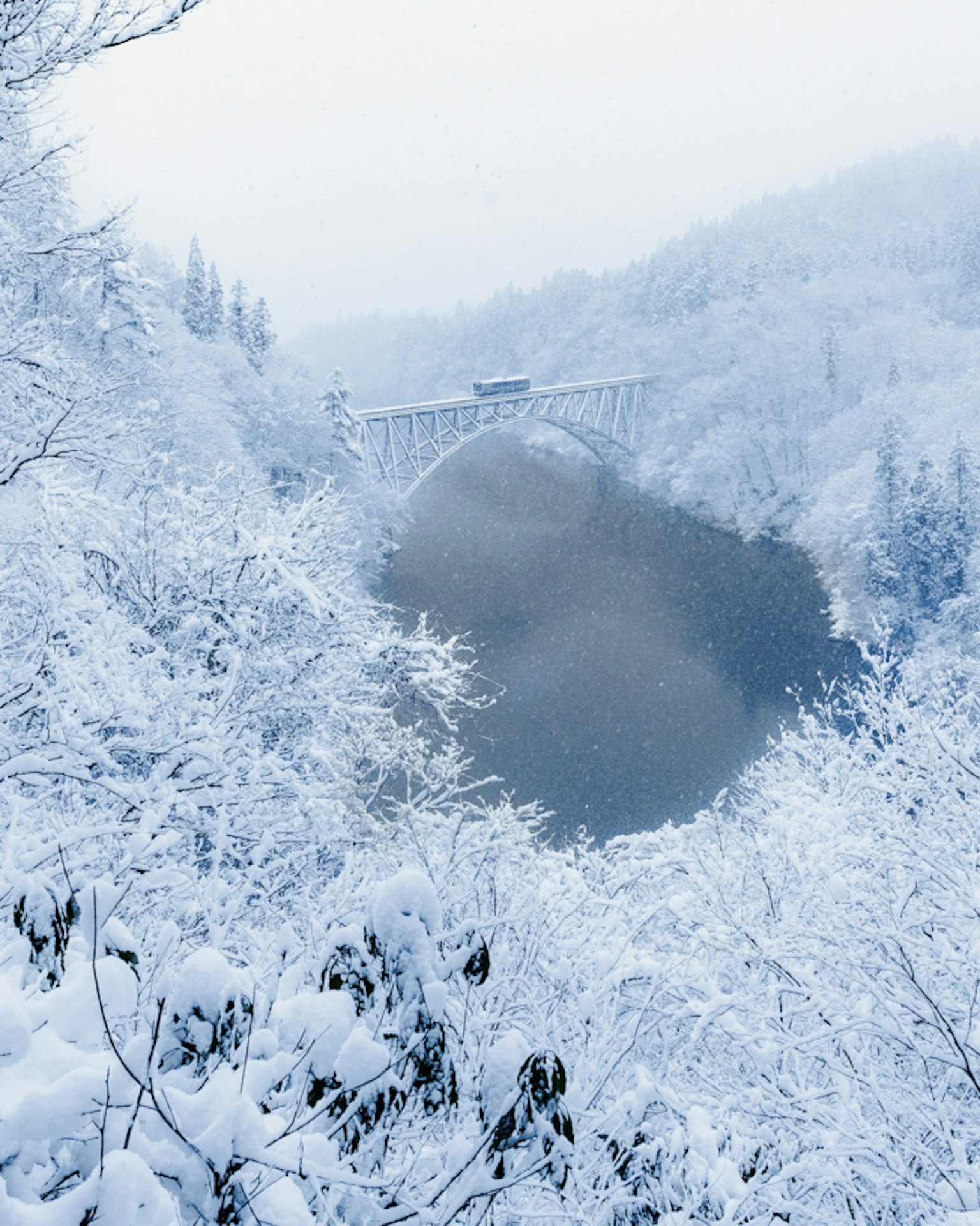 被雪覆盖的桥和山景