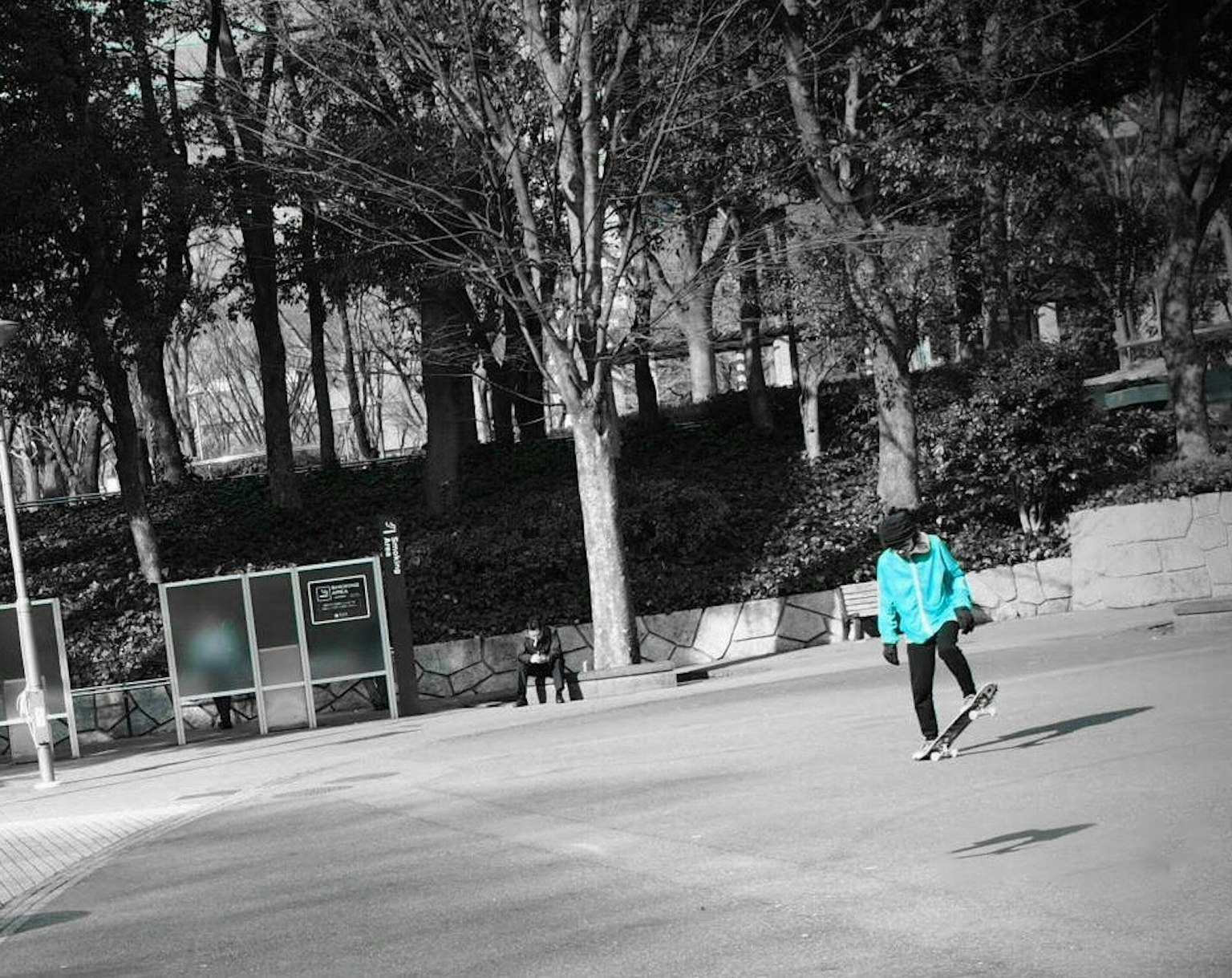 Seseorang yang bermain skateboard di taman yang dikelilingi pepohonan