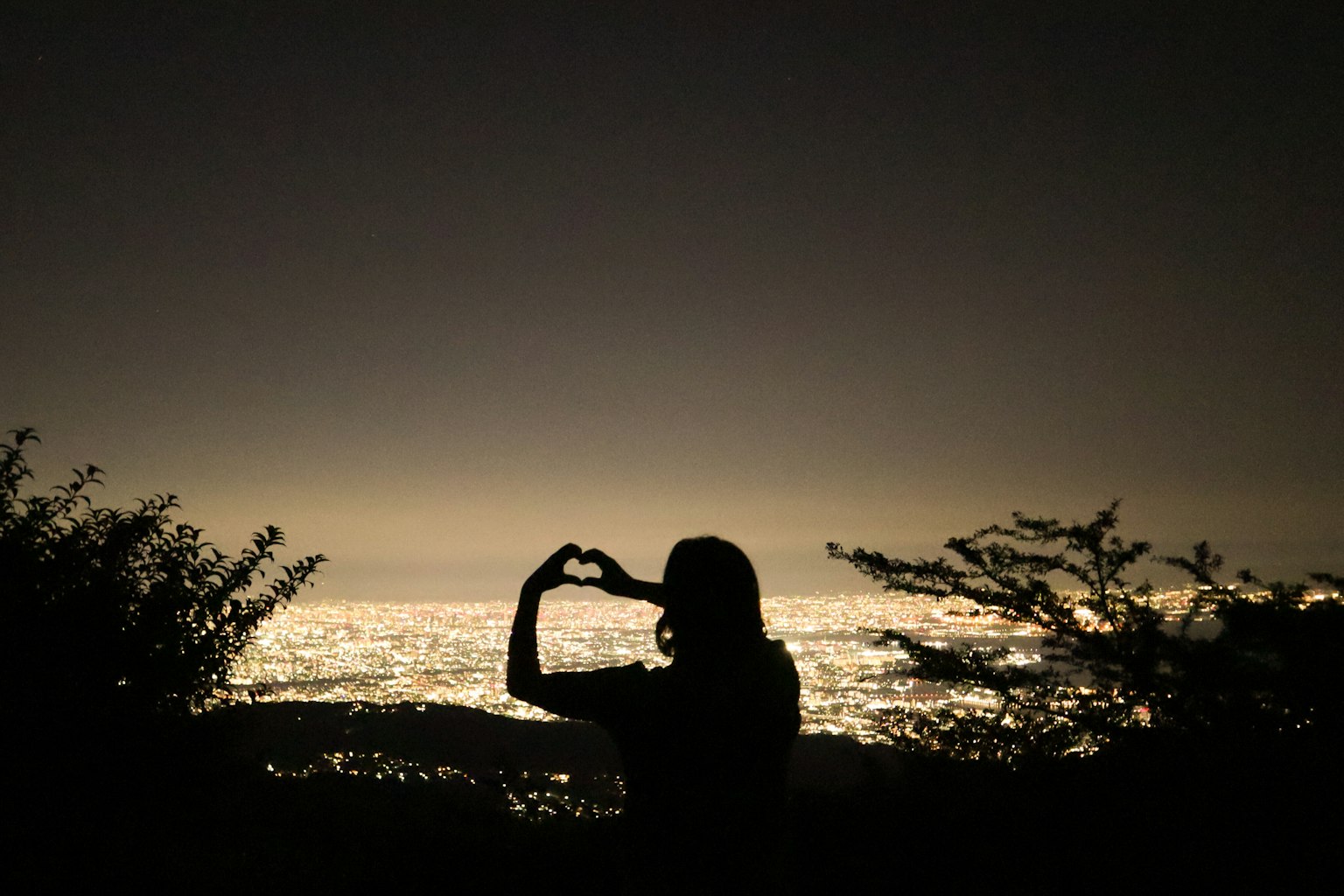 Silhouette einer Person, die ein Herz gegen eine nächtliche Aussicht formt