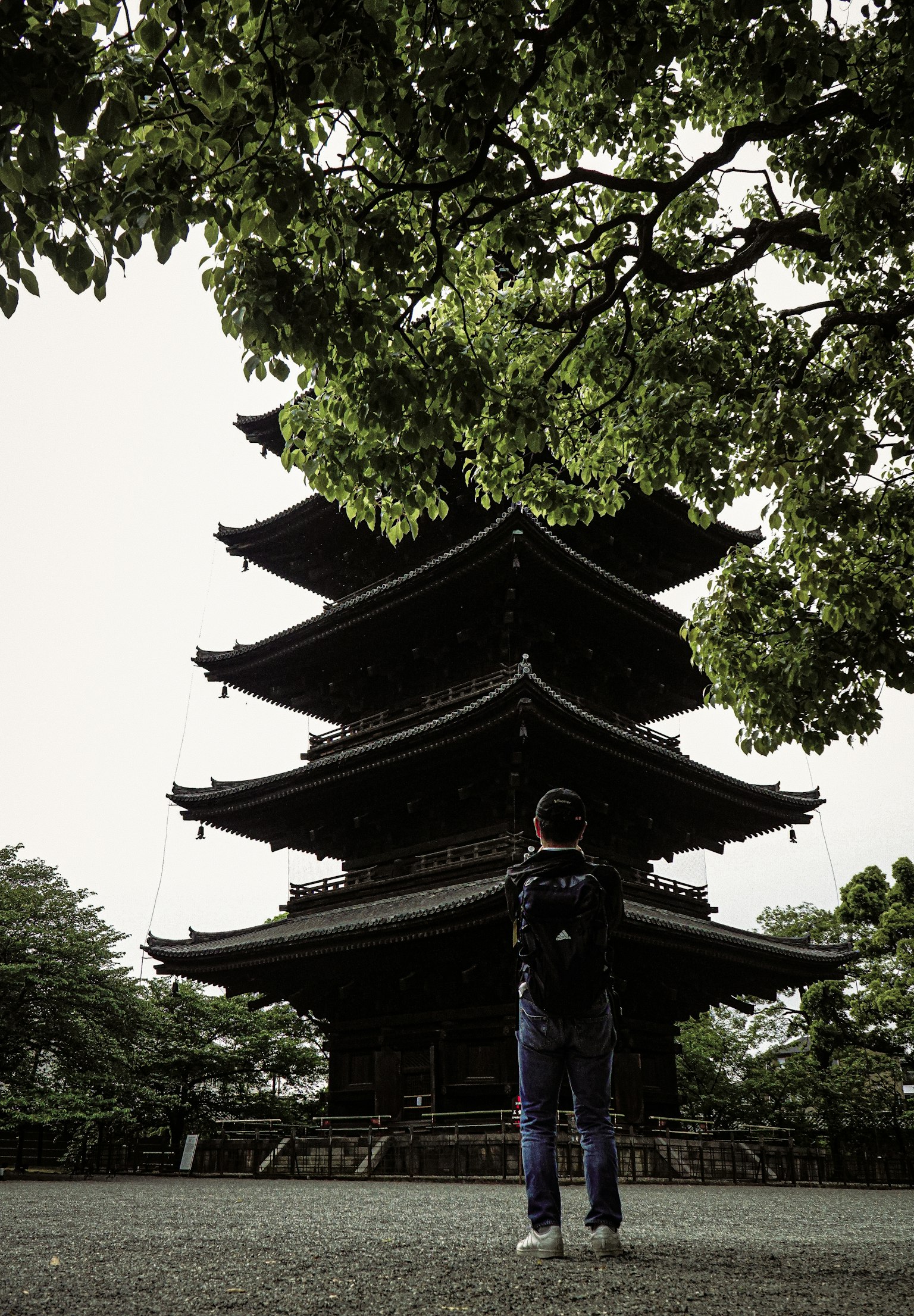 A person standing in front of a pagoda surrounded by greenery