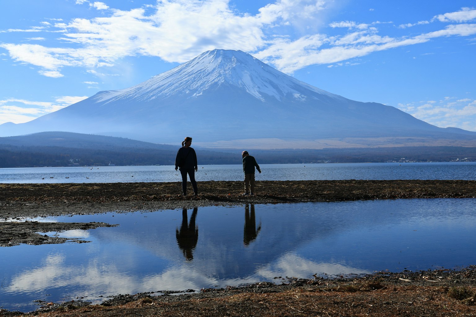 Silhouettes de deux personnes se tenant au bord d'un lac avec le mont Fuji en arrière-plan