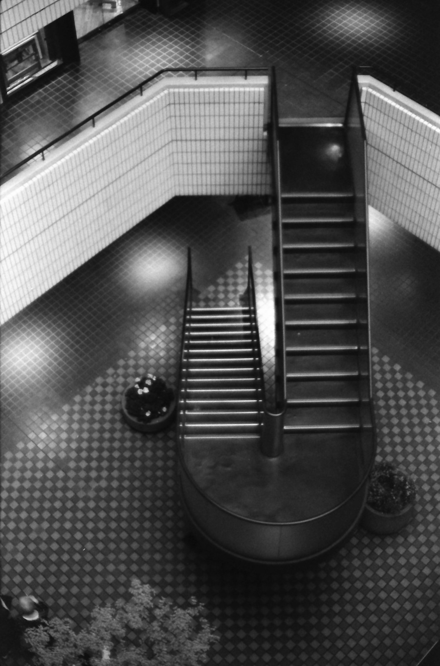 Monochrome image showcasing a staircase design with a tiled floor
