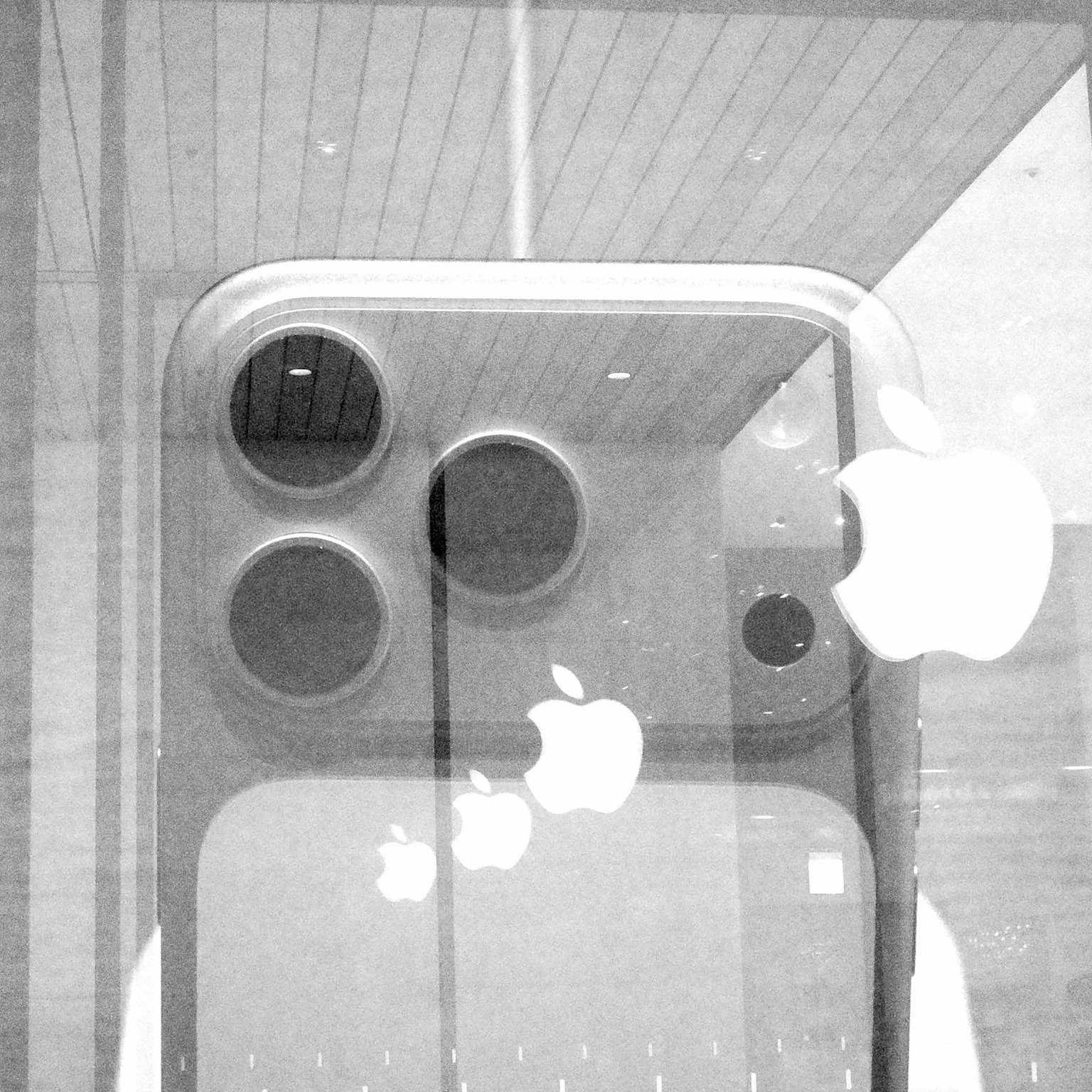 白黒のiPhoneの背面にあるカメラレンズとAppleロゴの反射