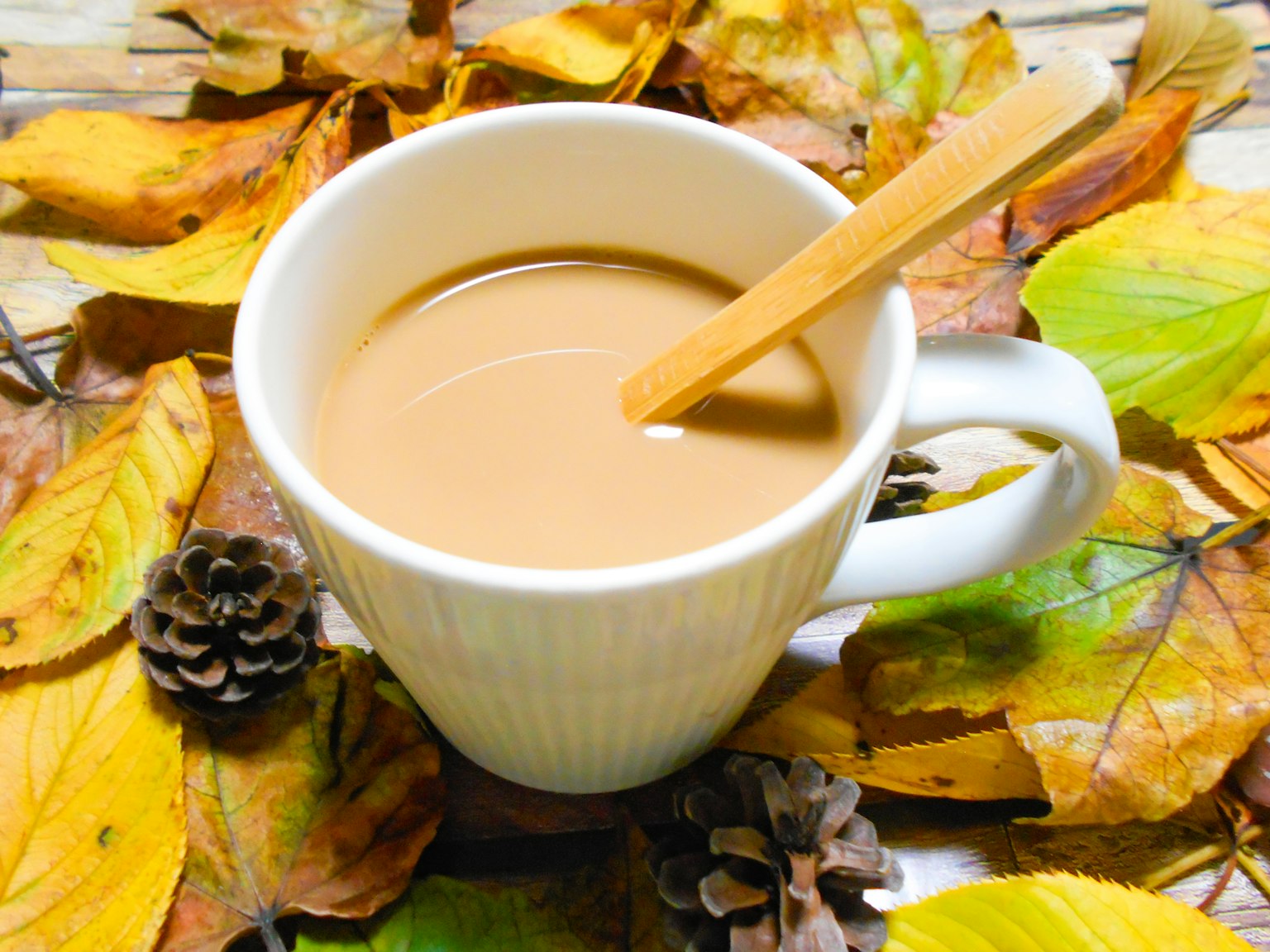 Kopi dalam cangkir putih dikelilingi oleh daun musim gugur