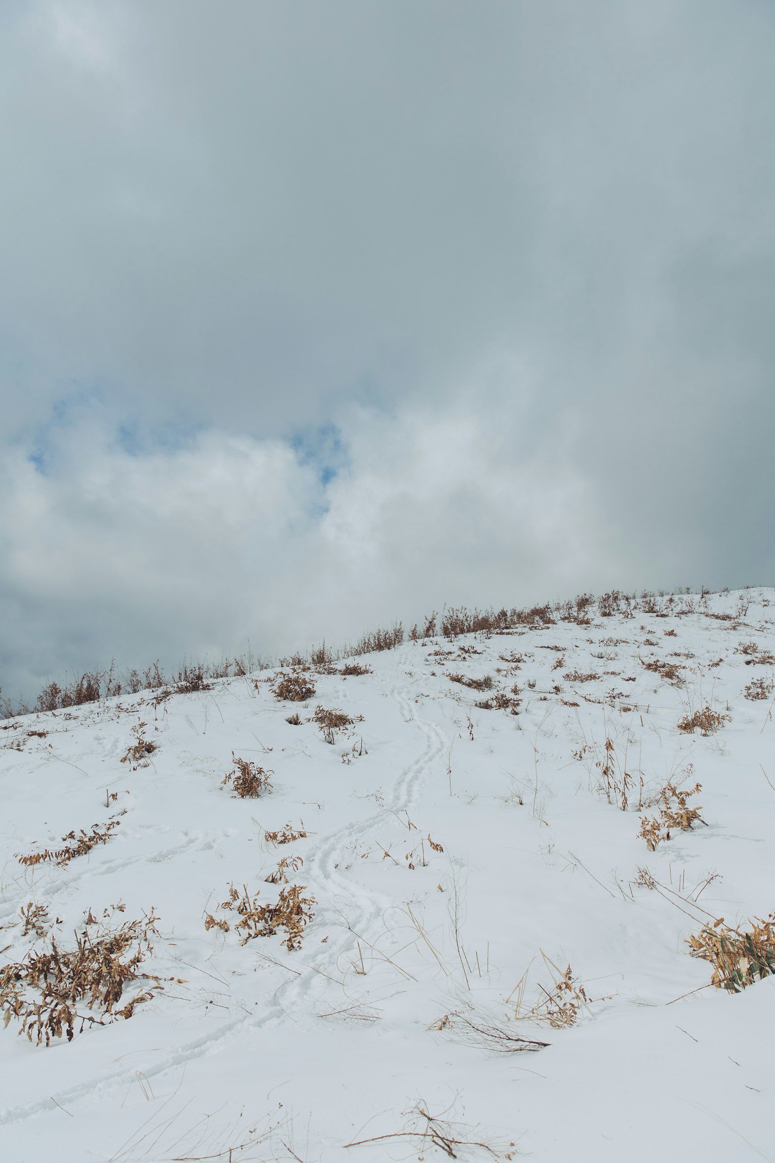 Collina coperta di neve con nuvole grigie nel cielo