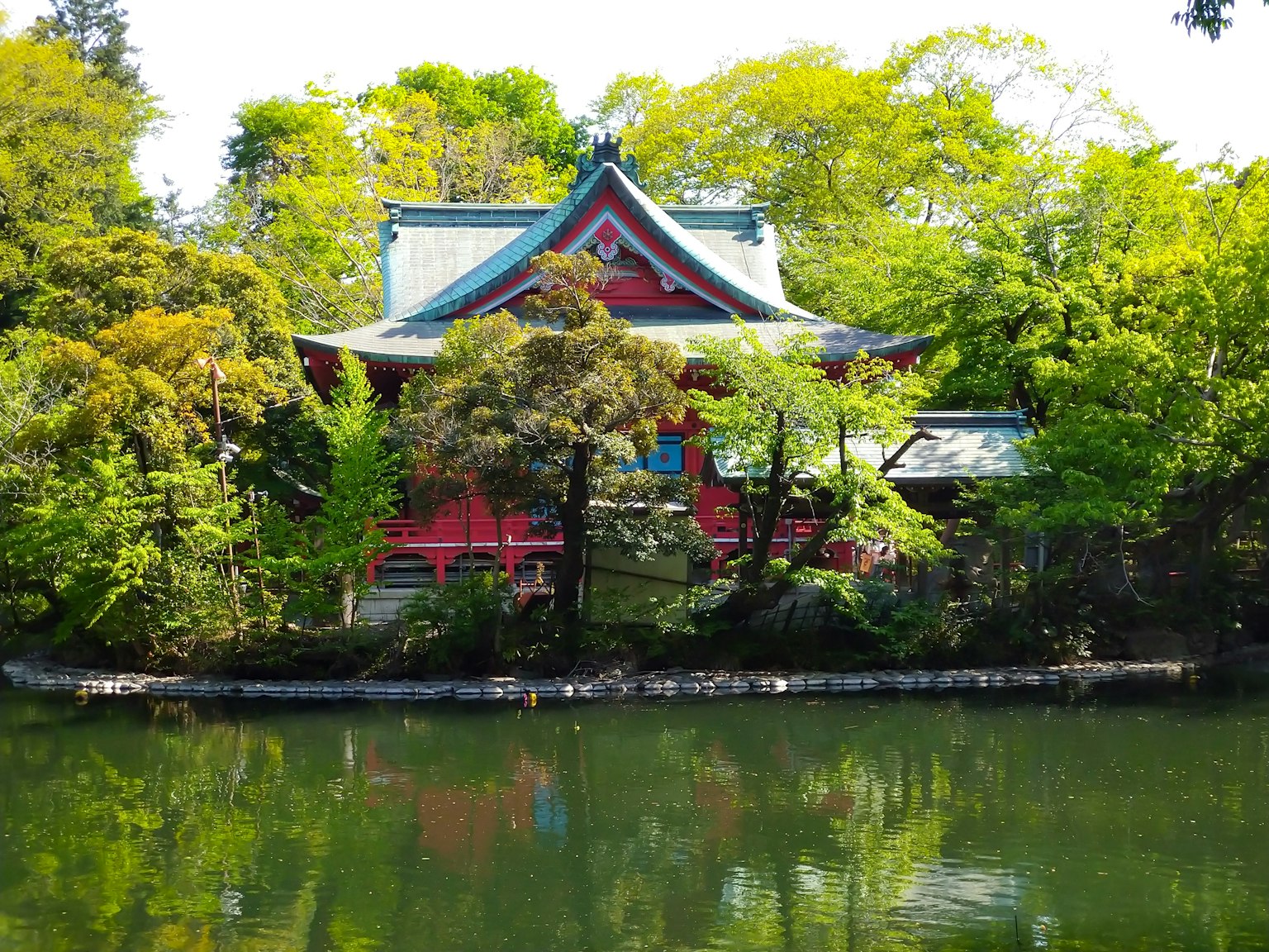 一个被郁郁葱葱的绿树和宁静的池塘环绕的日本神社