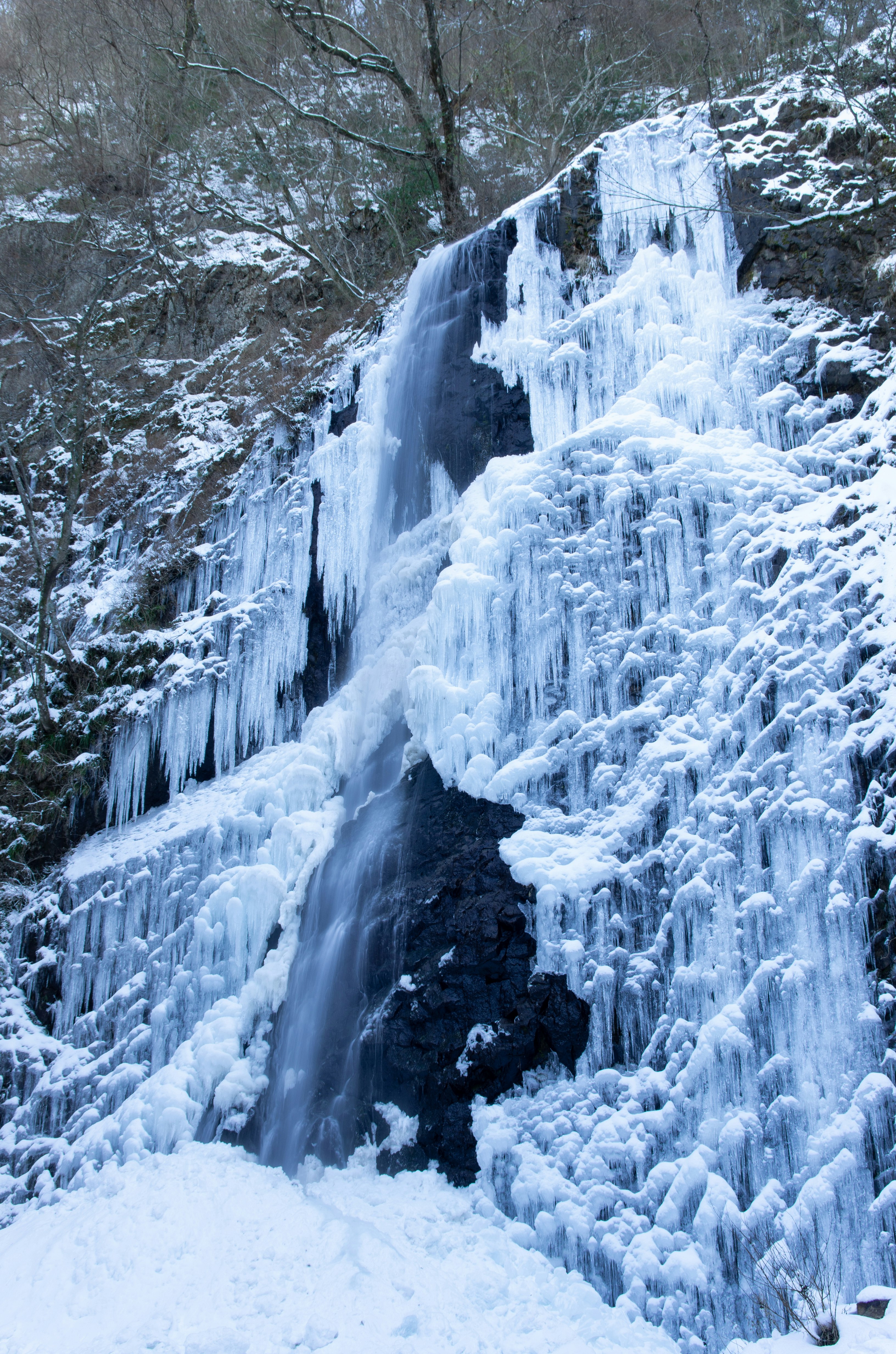 雪と氷に覆われた滝の流れ
