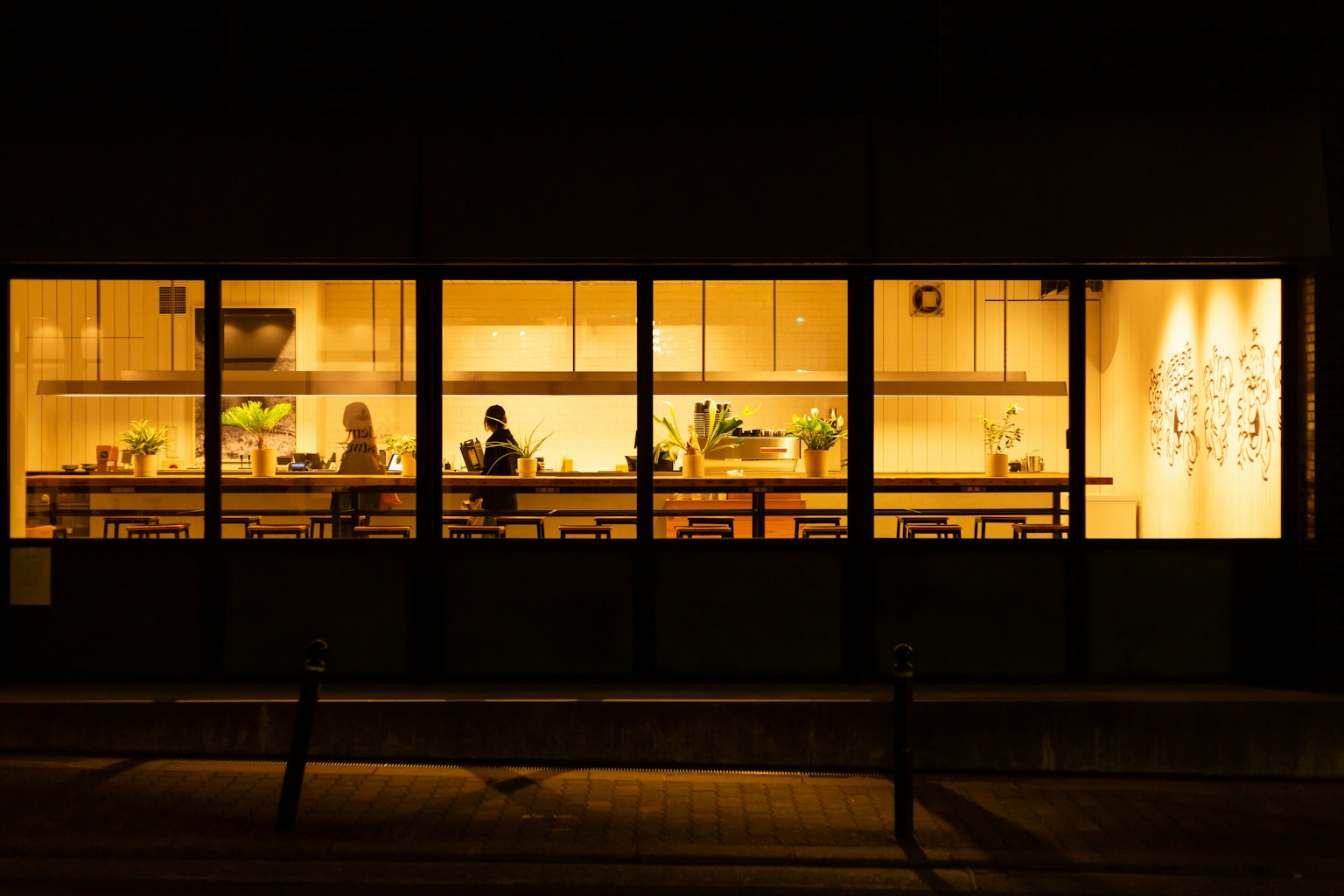 Interno luminoso di un caffè visibile attraverso una finestra di notte con piante