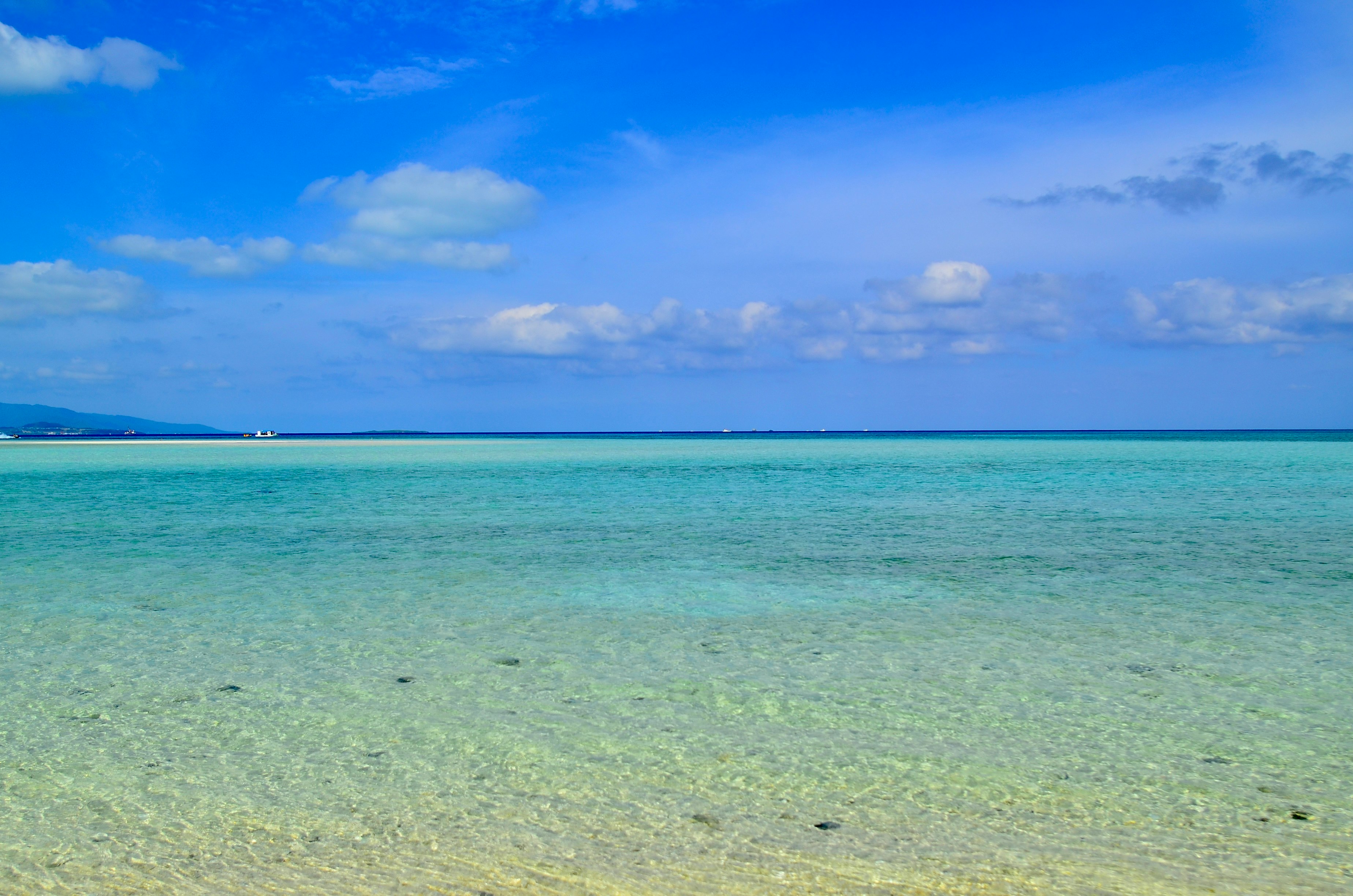 透き通る浅瀬と遠くの水平線が広がる海辺の風景