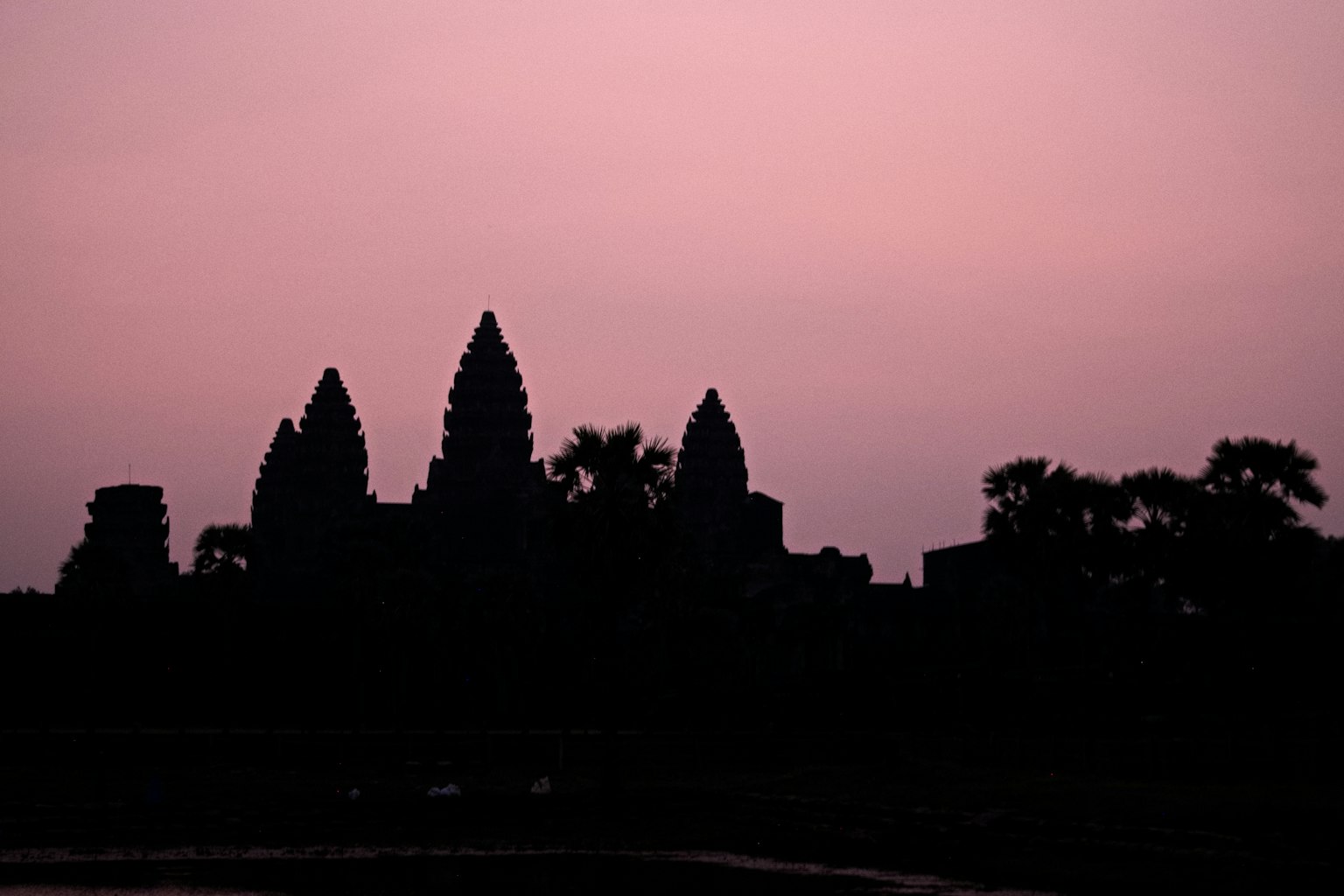 Silhouette di Angkor Wat al tramonto con cielo rosa