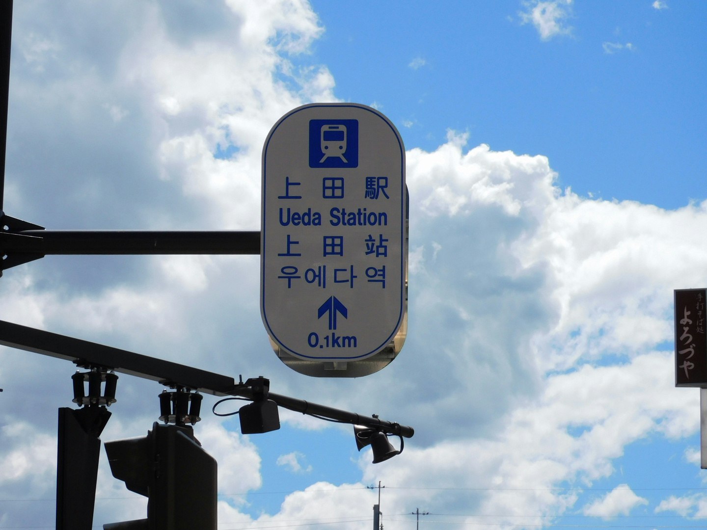 上田駅の案内標識と青空の駅前風景