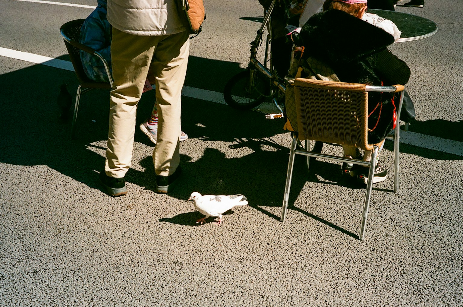 Immagine che mostra persone sedute su una strada con sedie