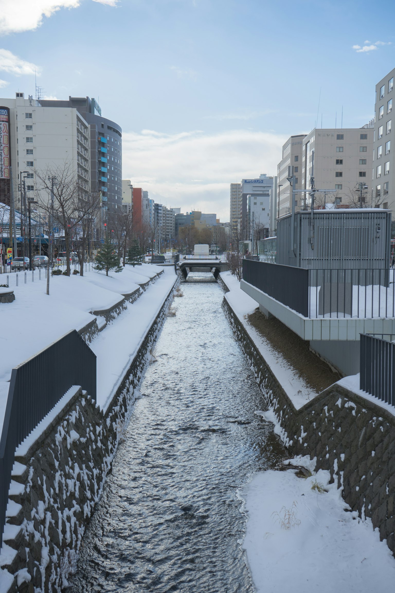 Rivière enneigée et paysage urbain