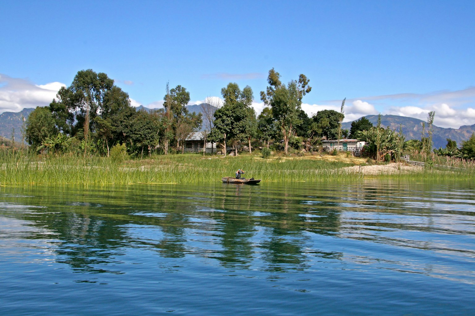 Pemandangan indah pulau hijau dekat danau dengan air tenang