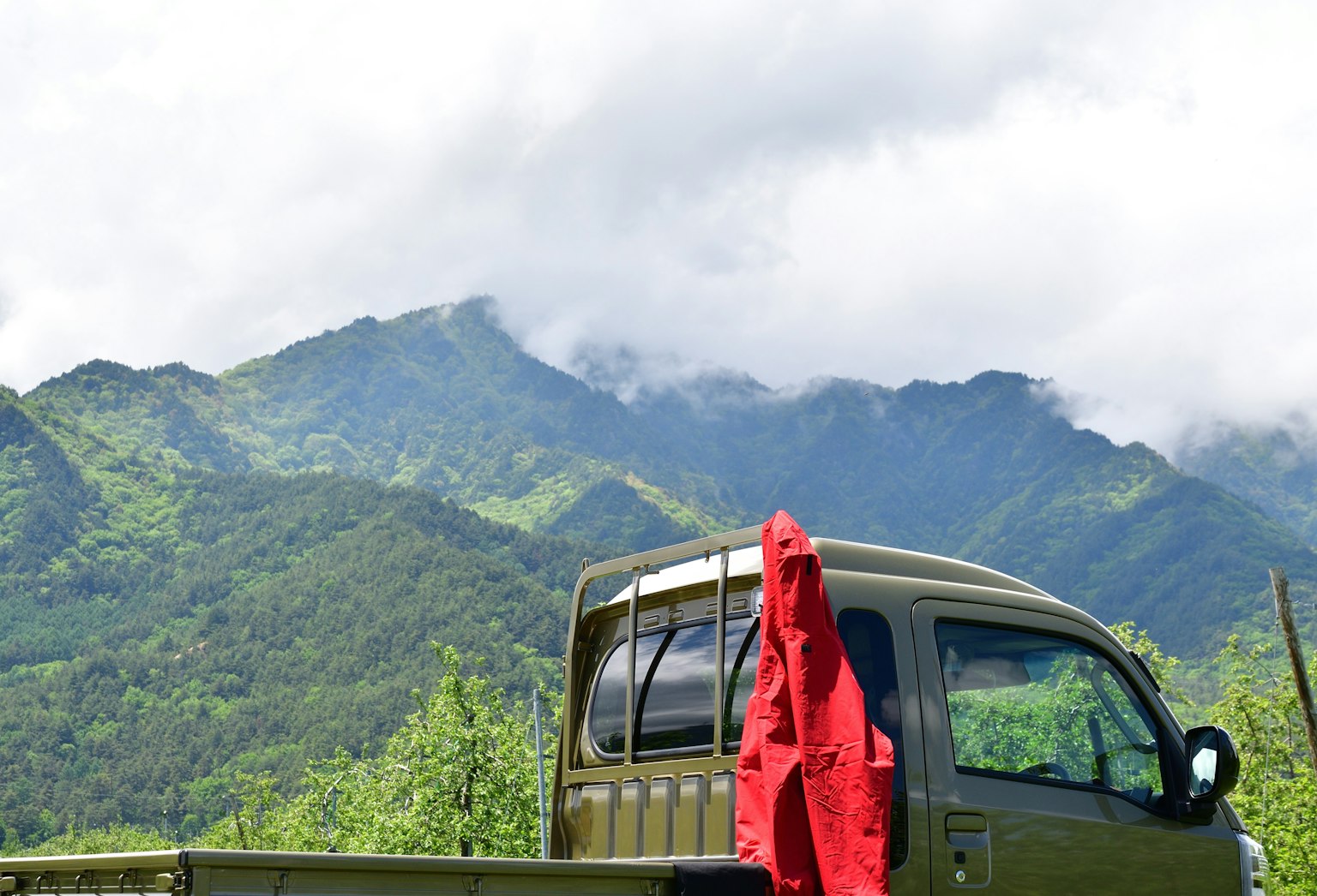 Green truck with a red jacket against a mountain backdrop